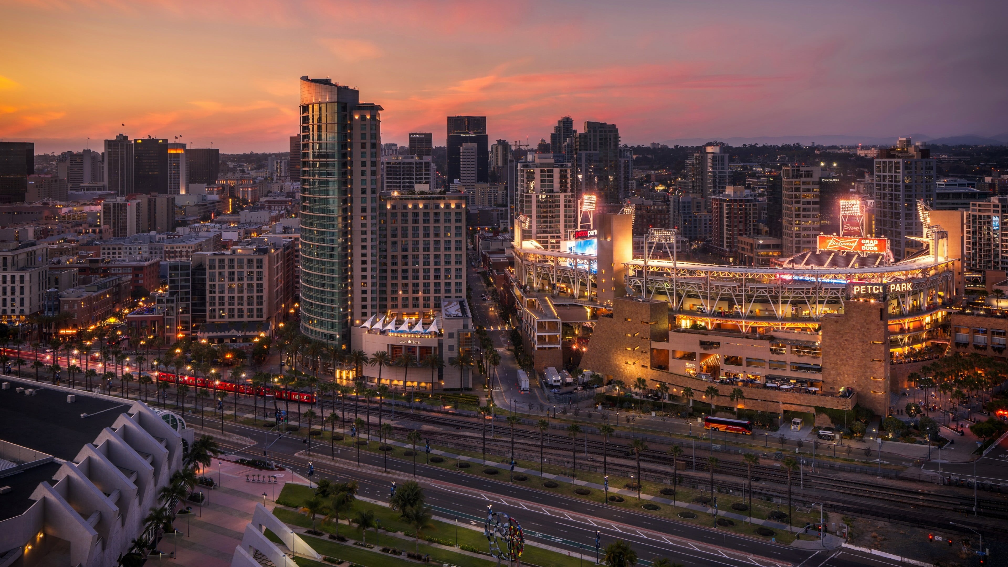 4K, nature, outdoors, office building exterior, cityscape, stadium, high angle view, city, landmark, sky, modern, san diego, infrastructure, building exterior, HD Wallpaper