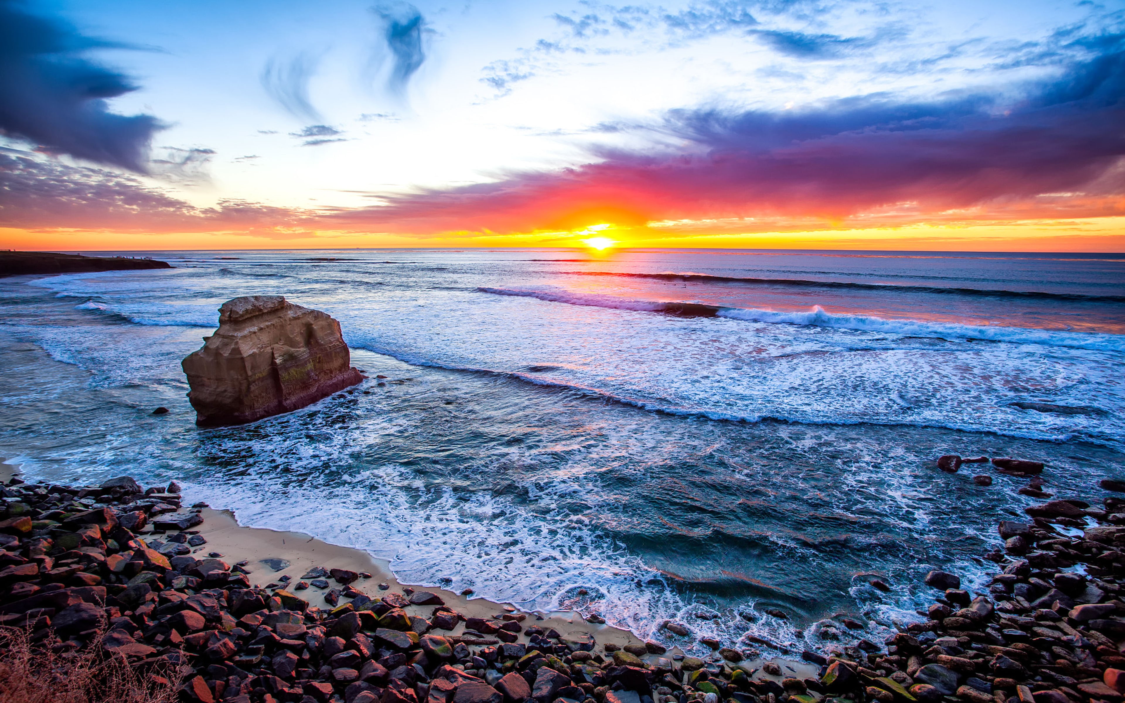 coast, desktop, hd, sky, 4K, clouds, ocean, mobile, san, sandy, diego, laptop, waves, stones, beach, orange, phones, california, sunset, horizon, HD Wallpaper