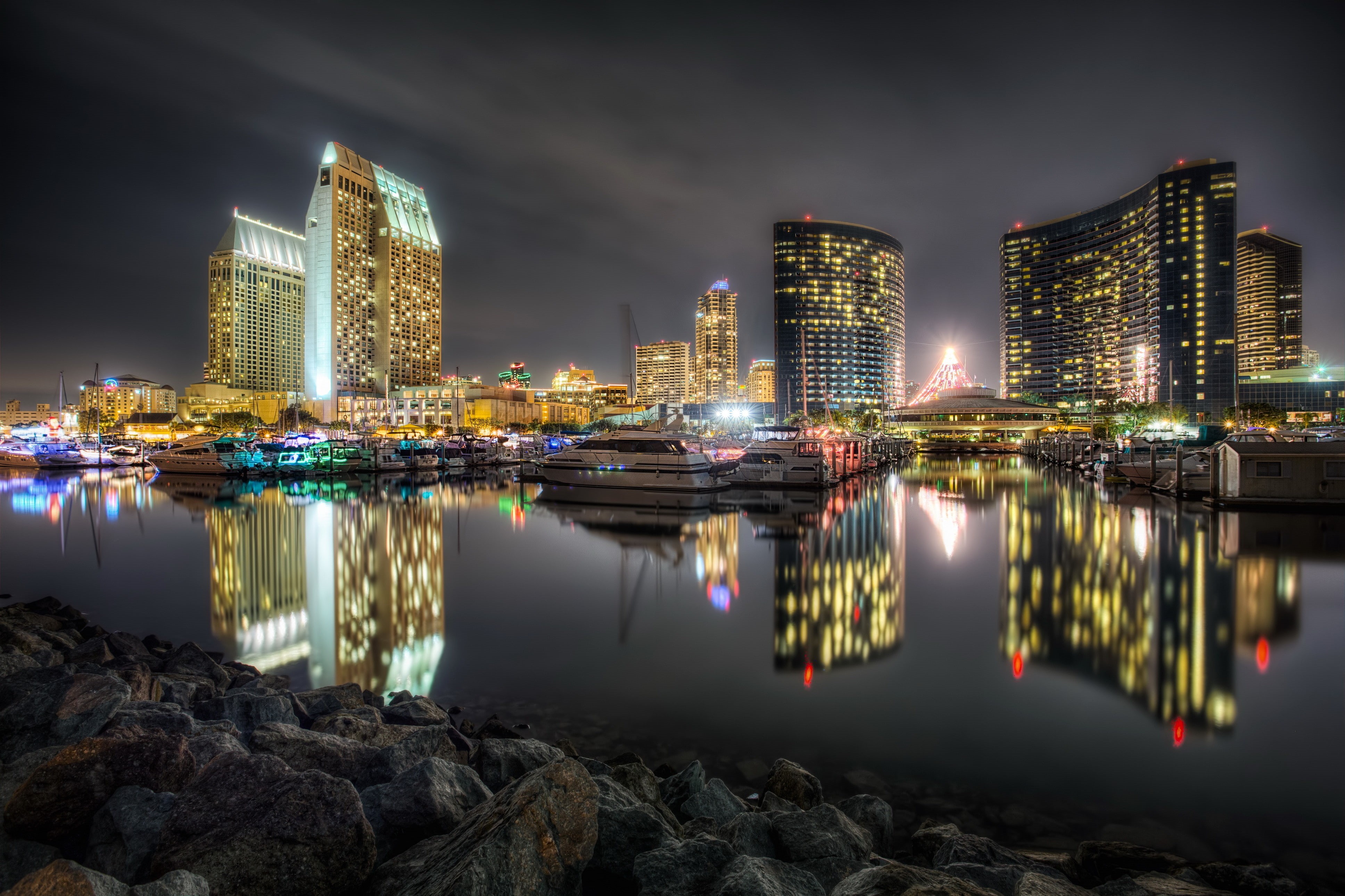 city, building, no people, sky, built structure, river, skyscraper, night, HDR, office building exterior, illuminated, urban skyline, outdoors, modern, HD Wallpaper