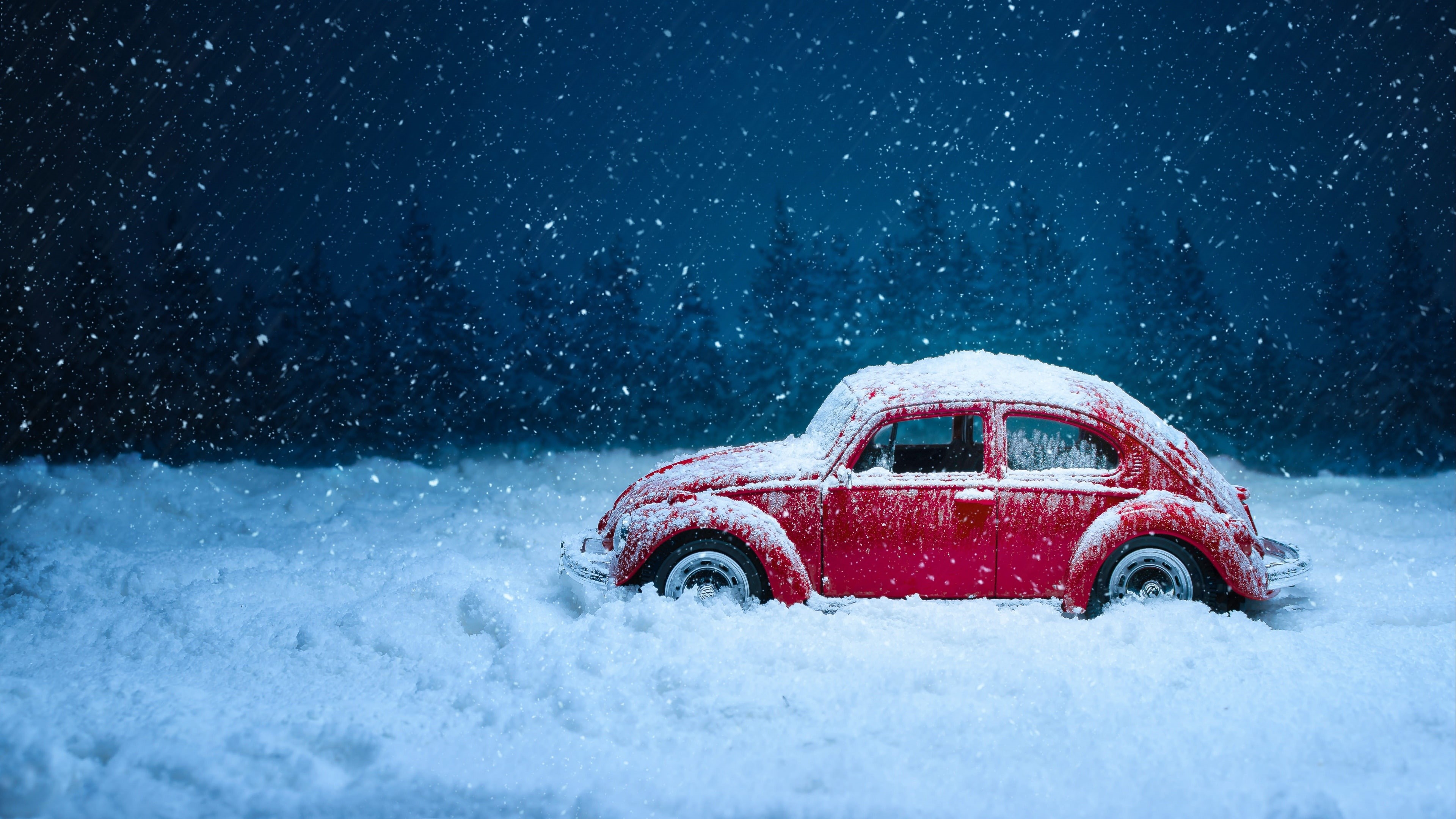 snowy, snowfall, snow, volkswagen beetle, winter, snowing, red car, volkswagen, 4K, HD Wallpaper