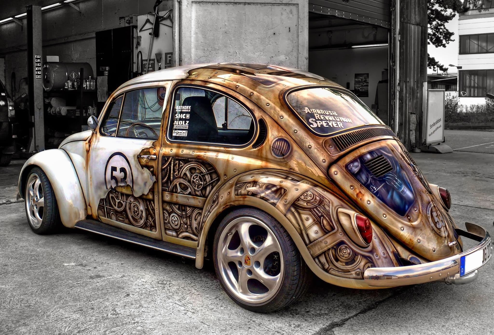 transportation, tire, outdoors, city, architecture, 1080P, stationary, motor vehicle, Volkswagen Beetle, steampunk, no people, building exterior, car, HD Wallpaper