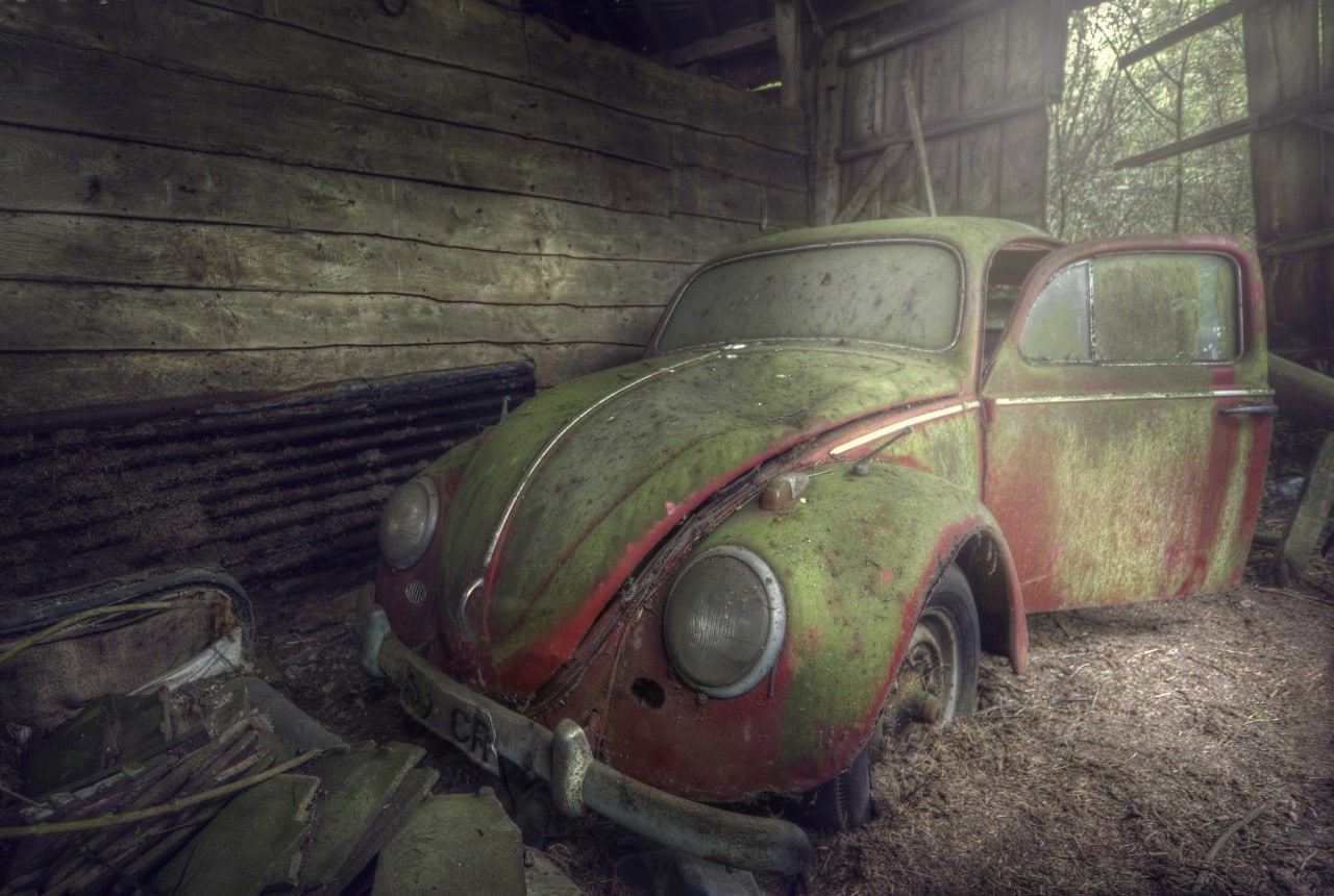 720P, abandoned, barn, Volkswagen Beetle, wreck, HD Wallpaper