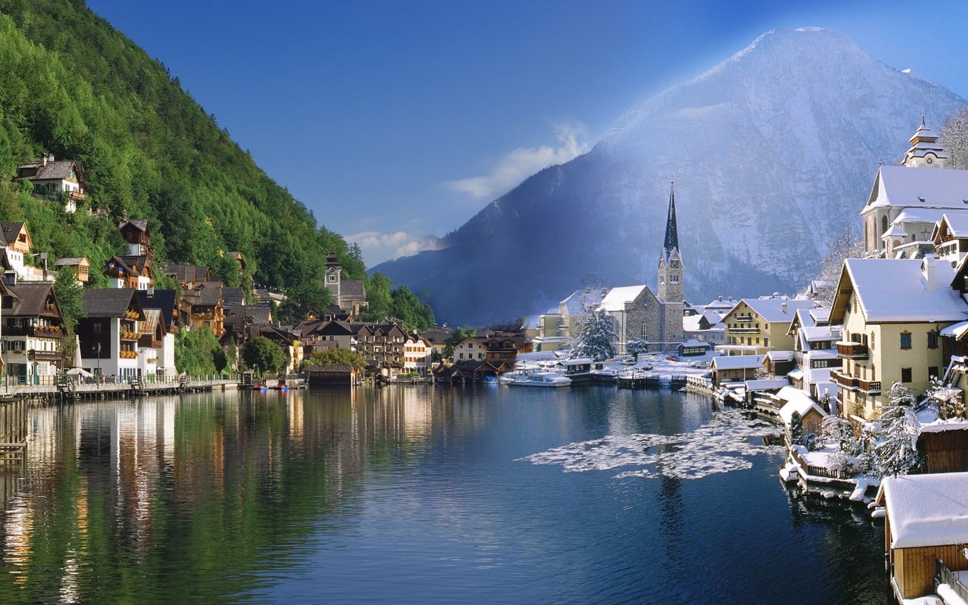 surrounded, sea, mountain, building, waterfront, lake, town, seasons, outdoors, splitting, land, cityscape, nature, no people, scenics - nature, building exterior, HD Wallpaper