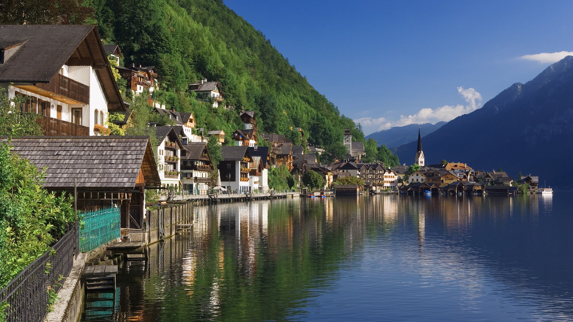 mountain, scenics, vacations, tree, The Salzkammergut, european Alps, building Exterior, europe, Hills, 1080P, water, Forest, day, building, famous Place, HD Wallpaper