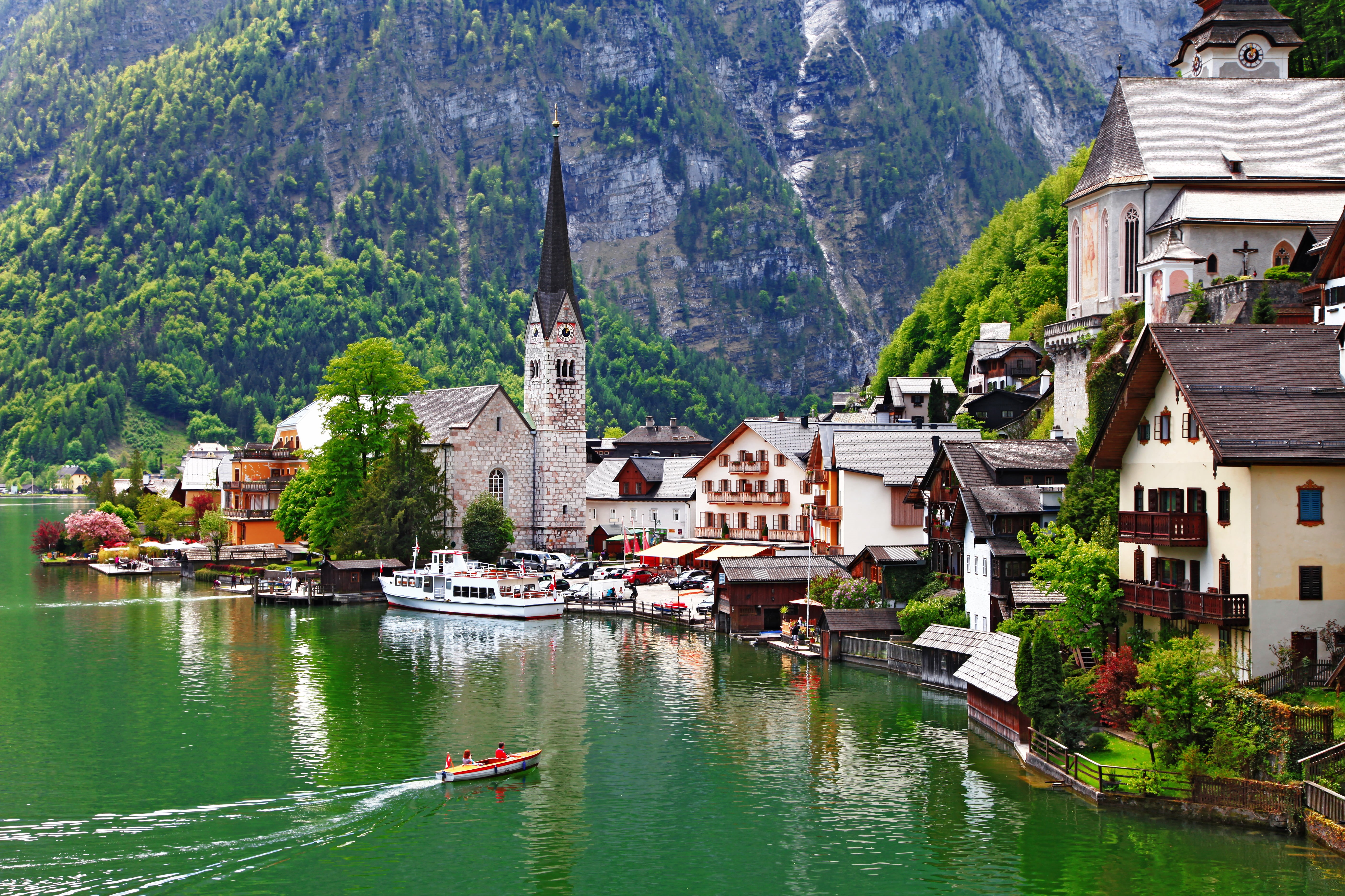 Hoher Dachstein, day, switzerland, hallstatter See, cultures, hill, house, summer, transportation, residential district, fjord, travel, reflection, architecture, HD Wallpaper