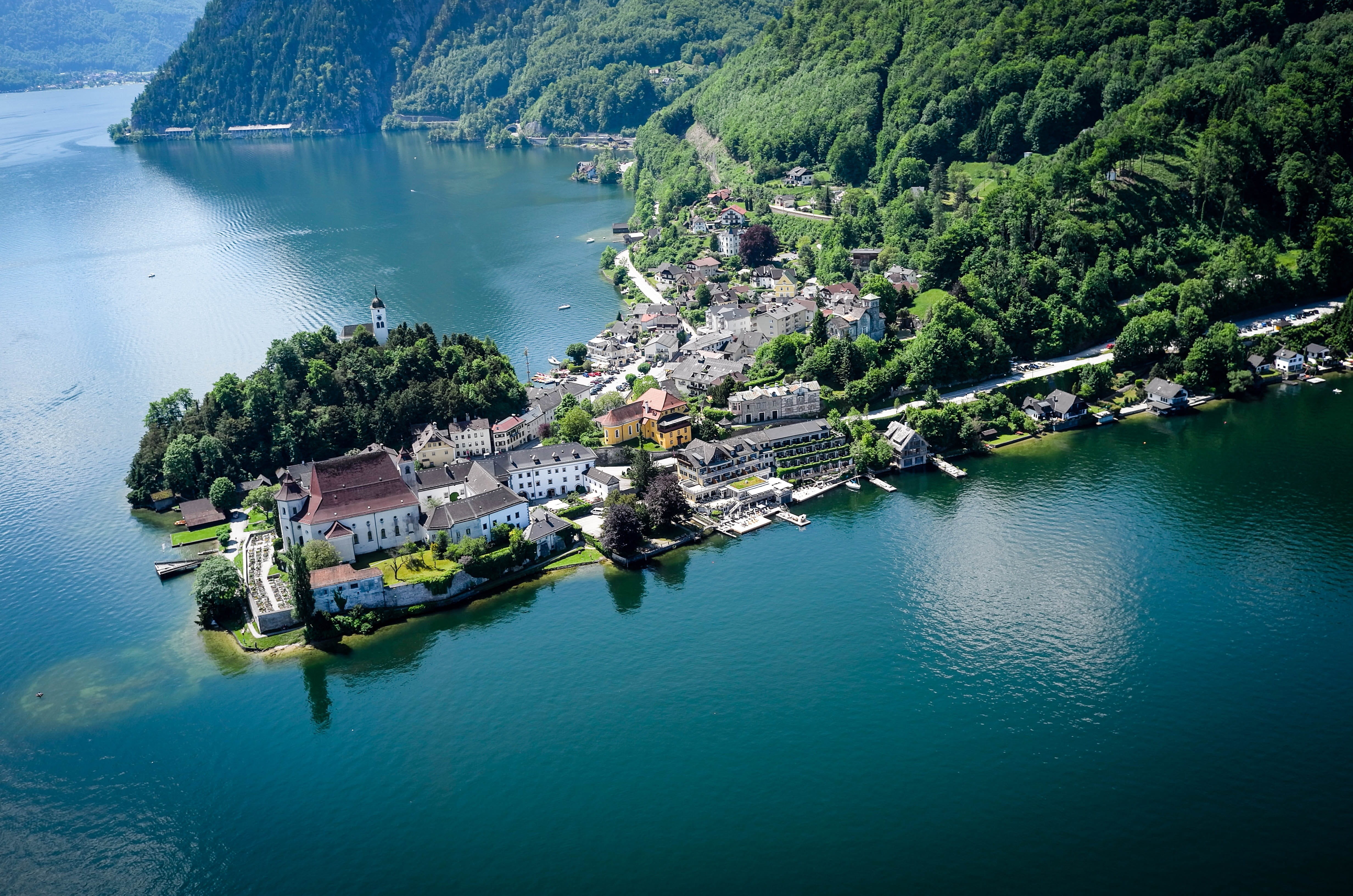 lake, tranquil scene, outdoors, tree, nature, water, austria, waterfront, mountains, landscape, beauty in nature, day, tranquility, built structure, high angle view, HD Wallpaper