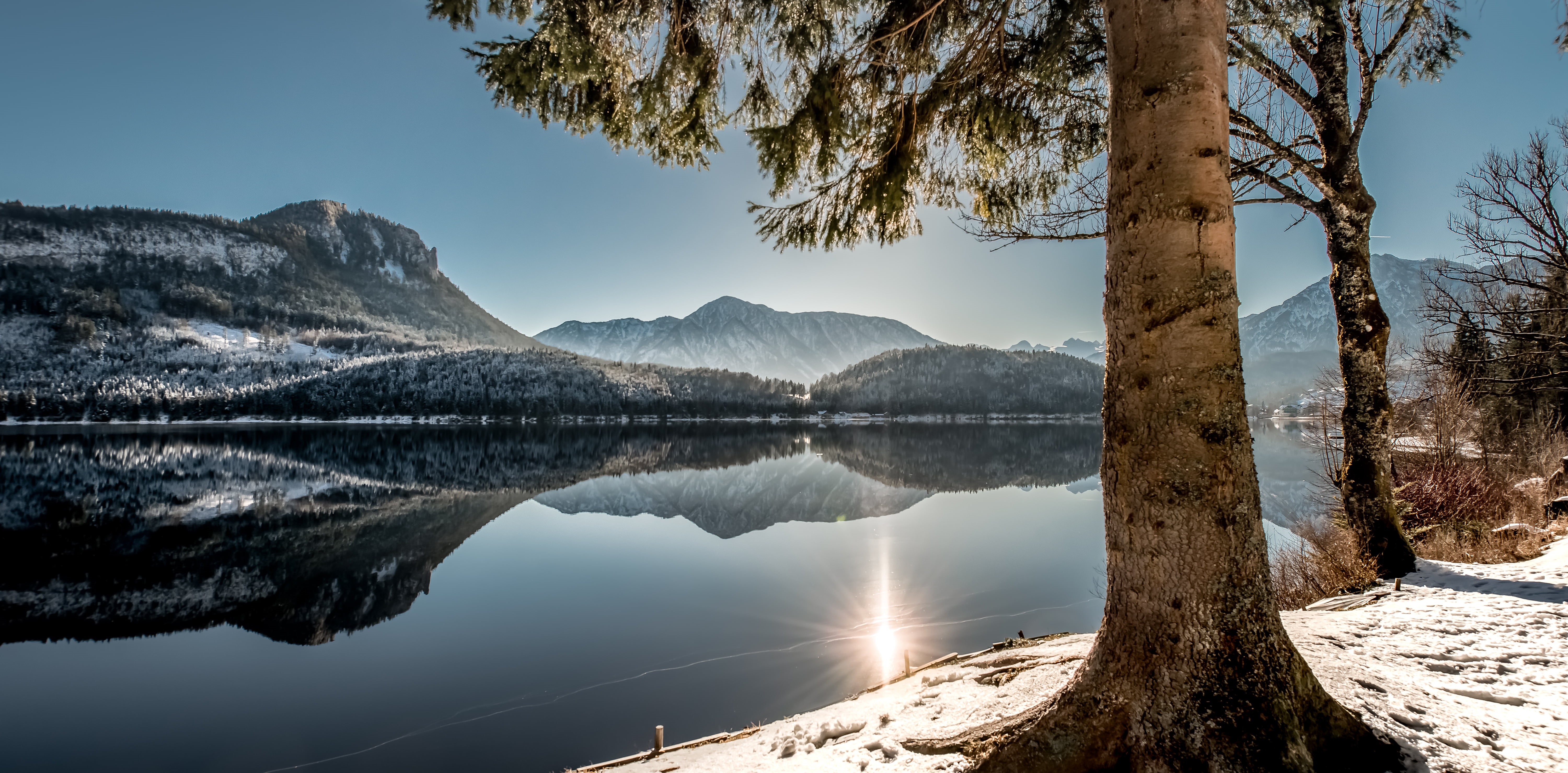 beauty In Nature, sun, parabolic, Österreich, tree, outdoors, Altaussee, nature, lake, starburst, outdoor, landscape, Salzkammergut, sky, photography, reflection, HD Wallpaper