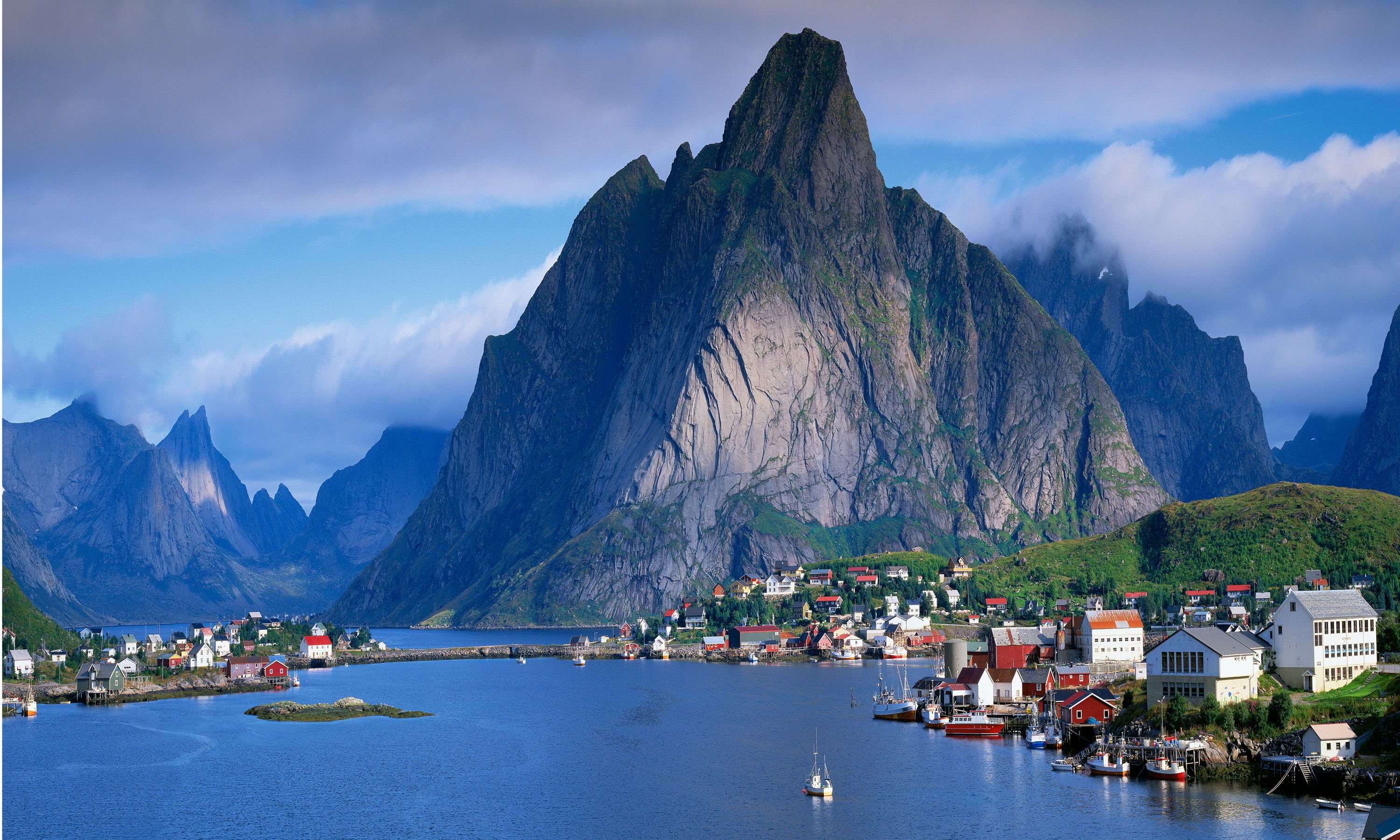 reflection, panoramic, village, cloud - Sky, waterfront, beauty In Nature, blue, switzerland, fjord, house, hallstatter See, sky, landscape, austria, european Alps, HD Wallpaper