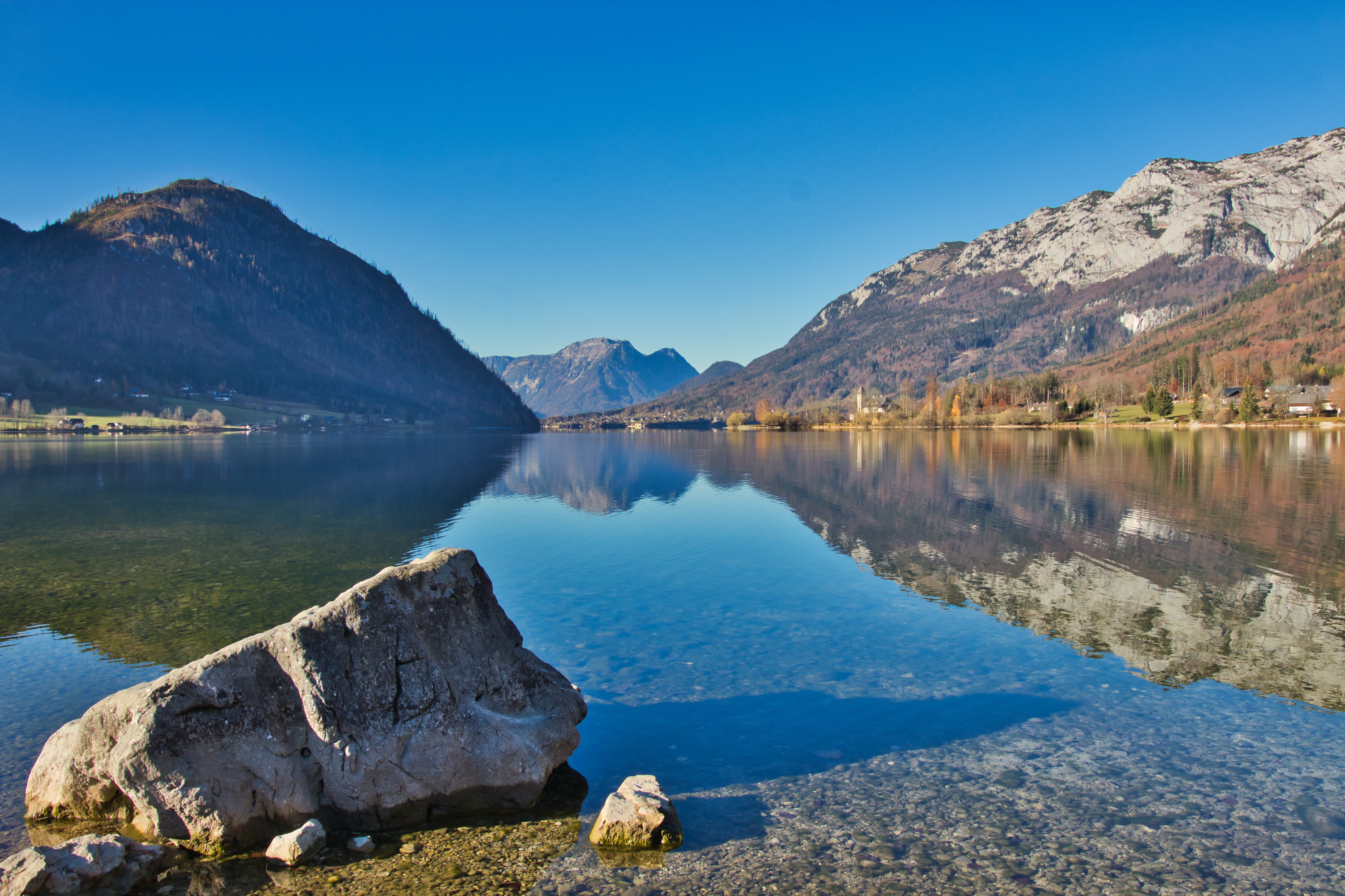 stone, scenics - nature, water, rest, mountains, clear sky, blue, panorama, blue sky, outdoors, austria, mirroring, grundlsee, beauty in nature, HD Wallpaper