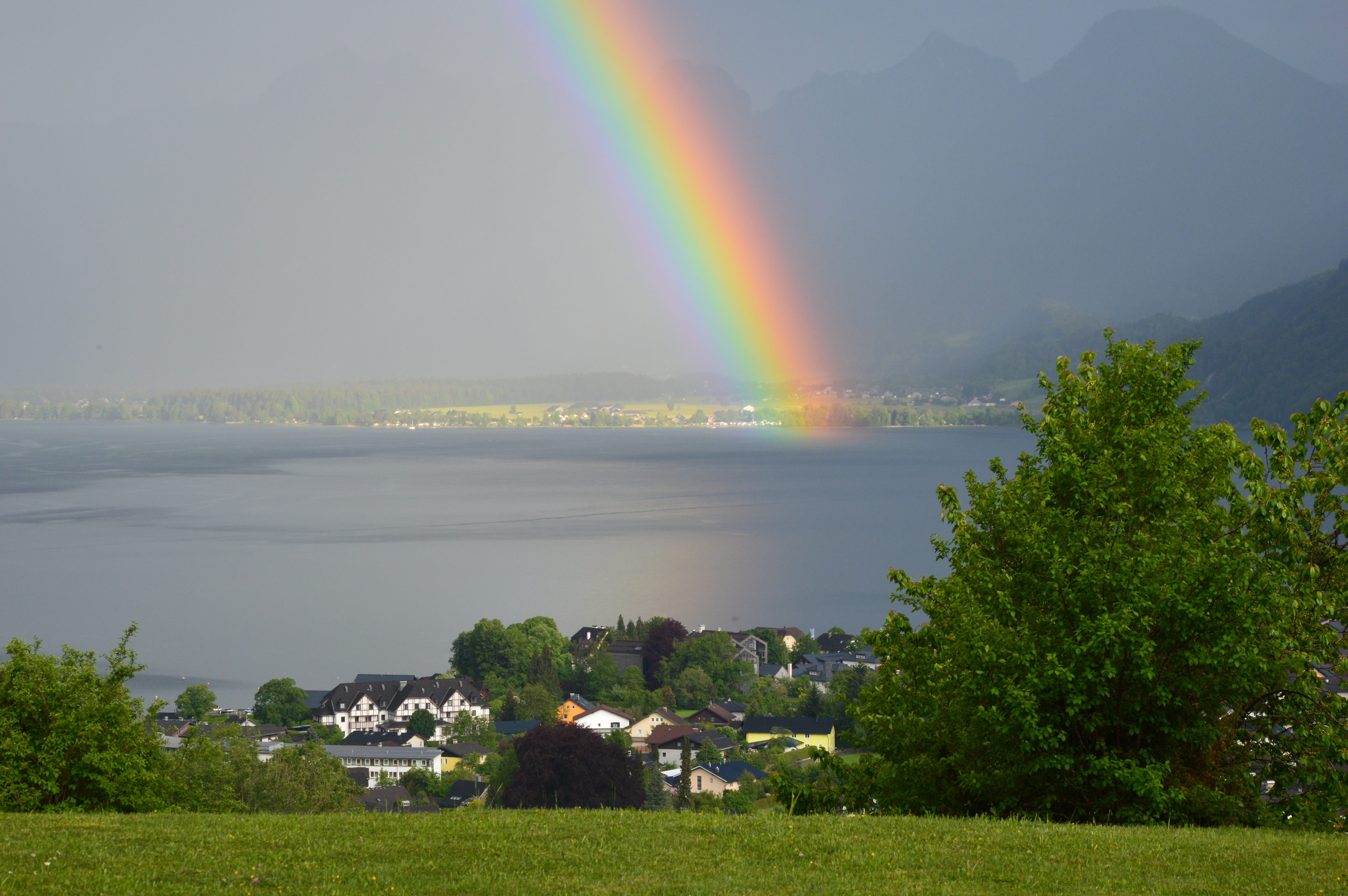 double rainbow, no people, weather, scenics - nature, salzkammergut, mountain, tranquil scene, plant, architecture, austria, st, 5K, outdoors, day, non-urban scene, HD Wallpaper