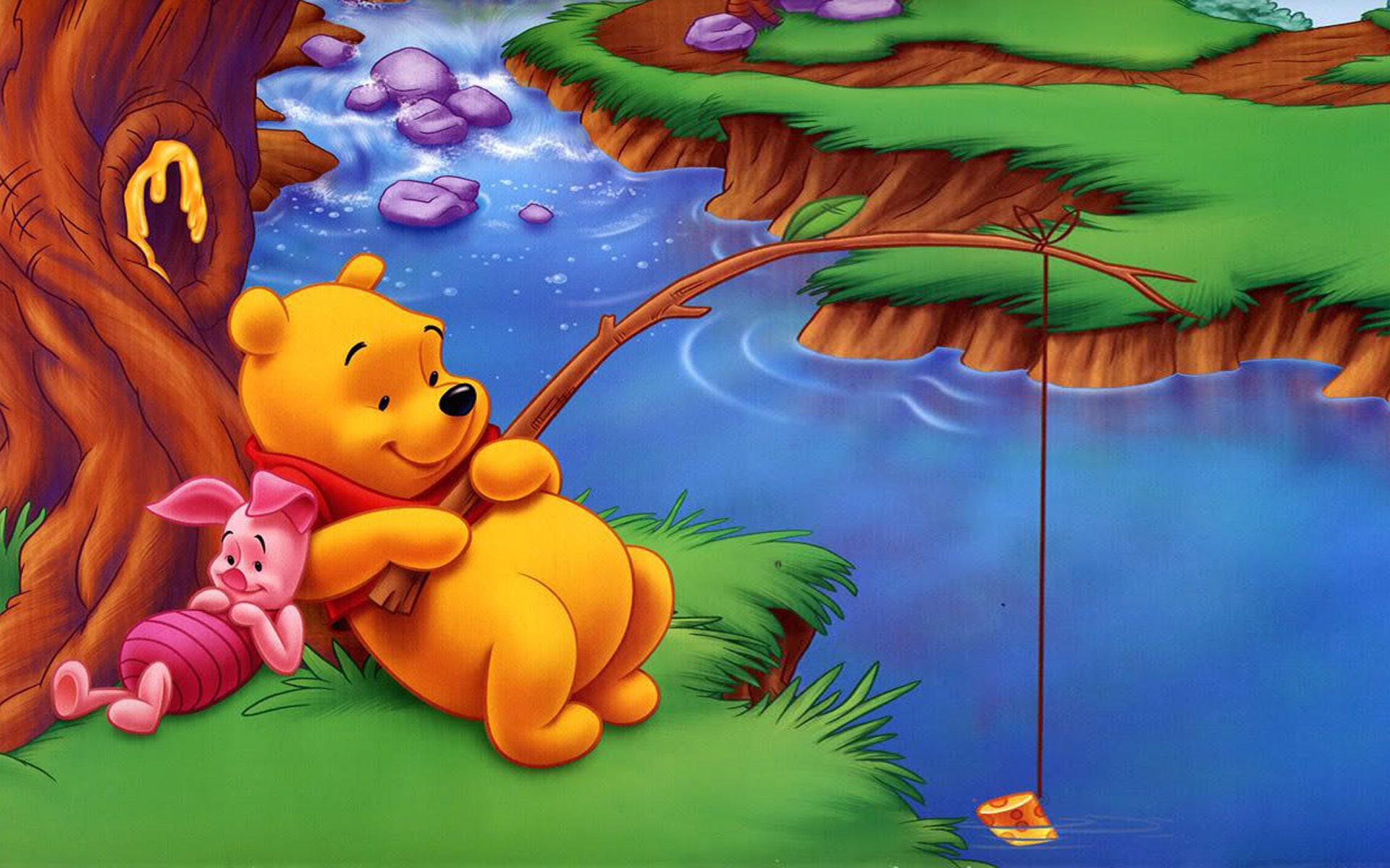 full, cartoon, pooh, winnie, fish, 1080P, piglet, river, hd, fishing, HD Wallpaper