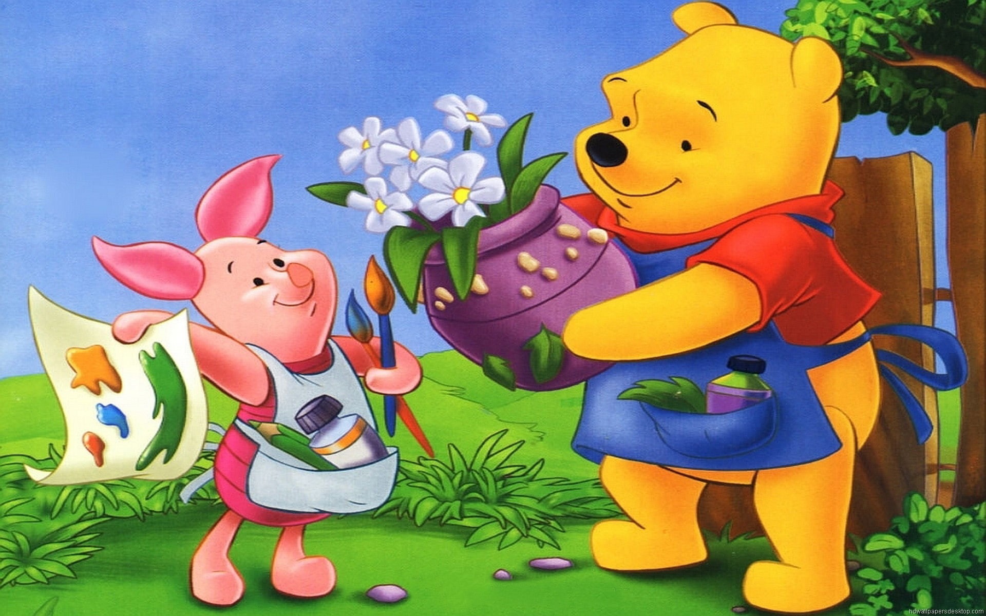 winnie, vase, hd, piglet, pooh, flowers, 1080P, HD Wallpaper
