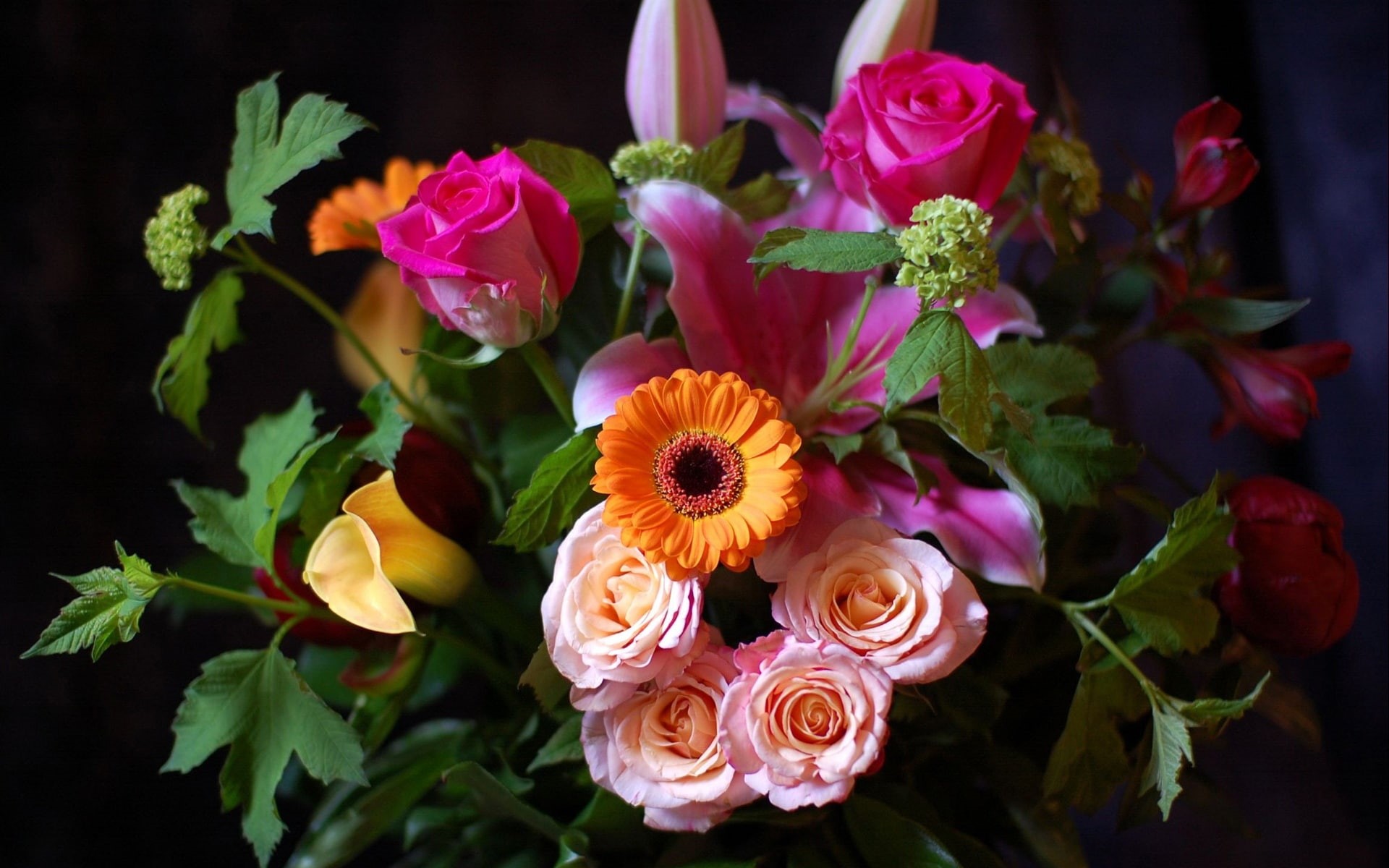 yellow, petaled, flower, Chrysanthemums, Bouquet, pink, orange, 1080P, Roses, HD Wallpaper