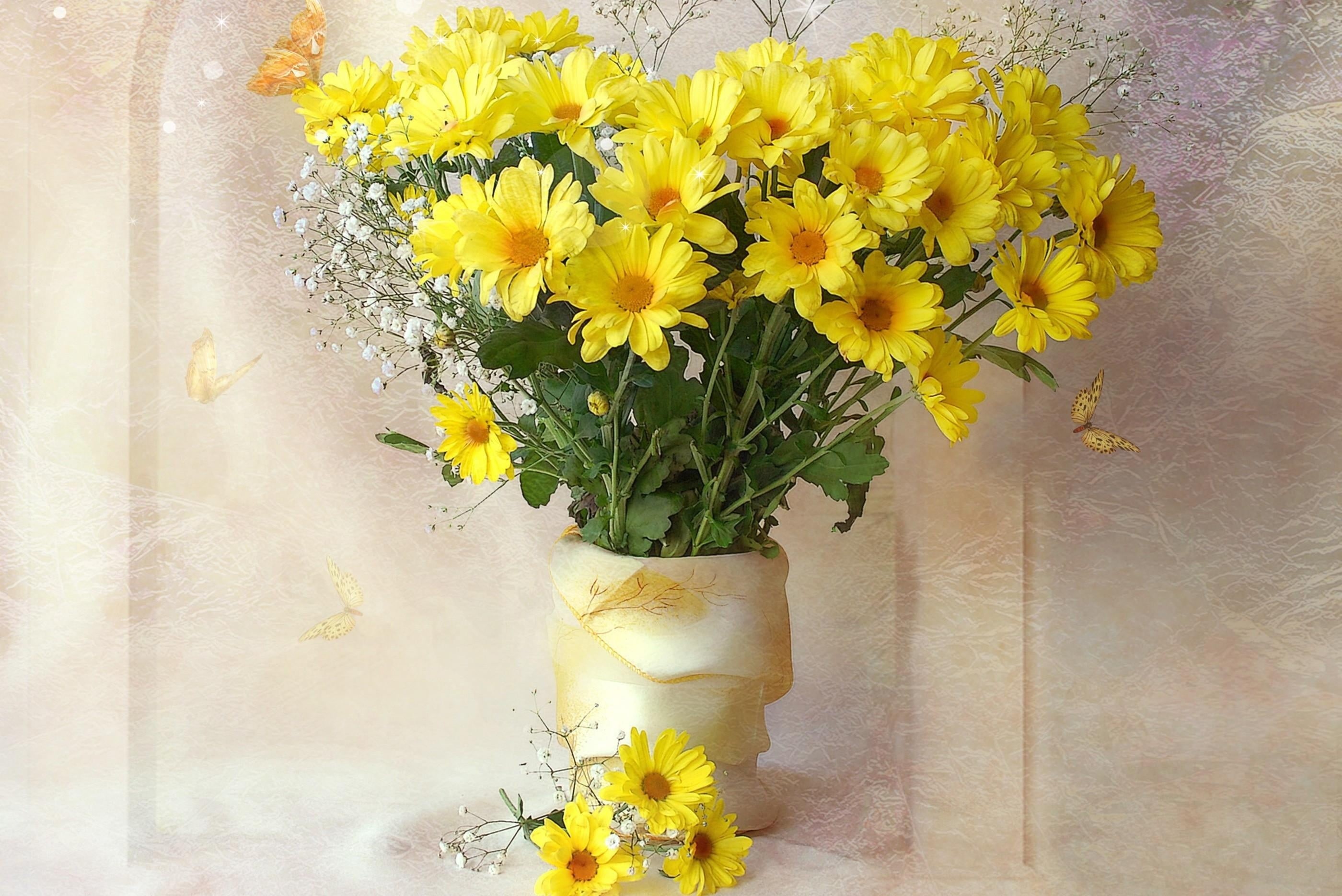 nature, flower, bouquets, yellow, summer, sunflower, freshness, 2K, leaf, beauty In Nature, inflorescence, vase, springtime, wall - building feature, no people, HD Wallpaper