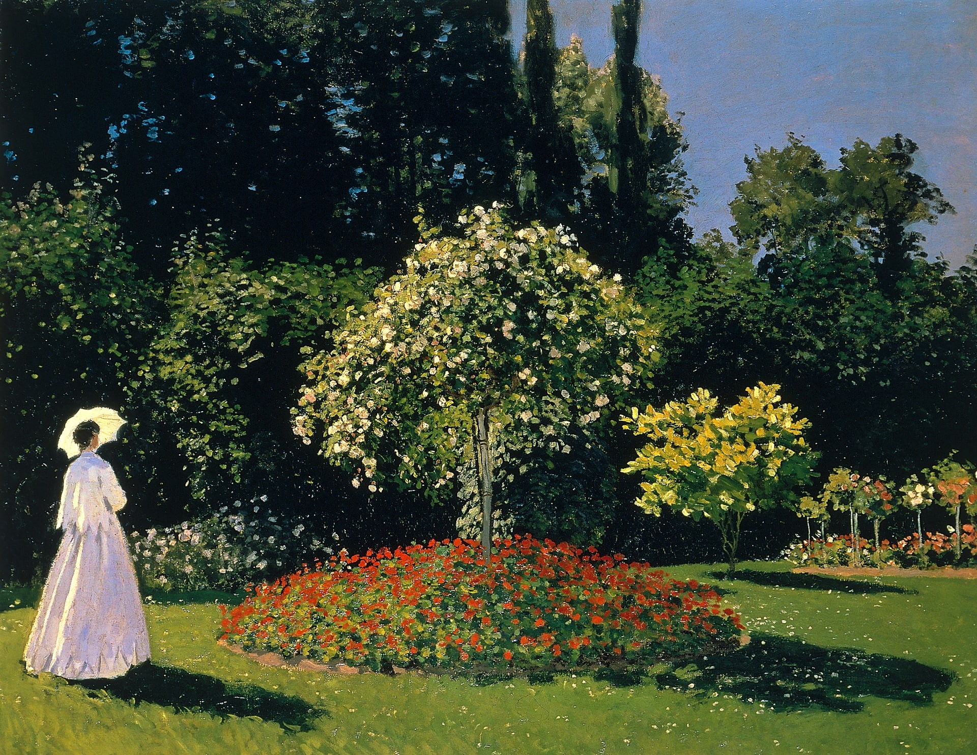 1080P, landscape, Lady in the Garden, Claude Monet, picture, umbrella, Jeanne-Marguerite Lecarde in the Garden, flowerbed, trees, HD Wallpaper