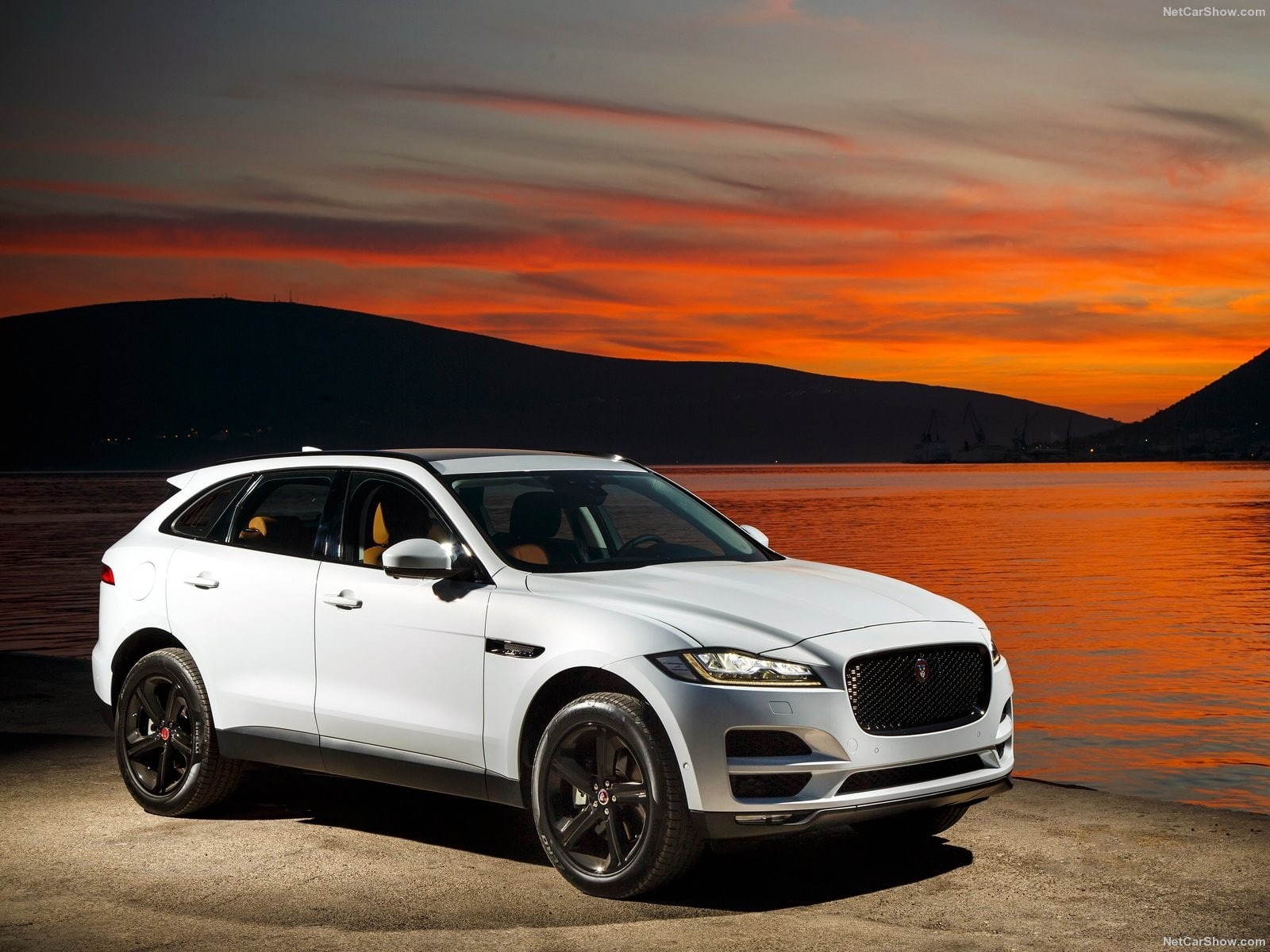 sunset, beauty in nature, car, outdoors, sky, mountain, wheel, mountain range, travel, transportation, water, nature, Jaguar F-Pace, Jaguar, motor vehicle, HD Wallpaper