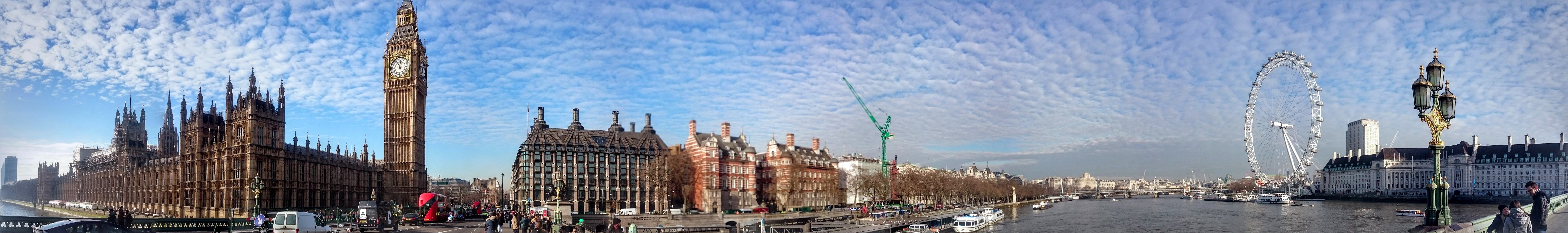 panoramic, built structure, tower, 8K, street, London Eye, London, city life, day, sky, building, building exterior, Big Ben, travel destinations, panoramas, HD Wallpaper