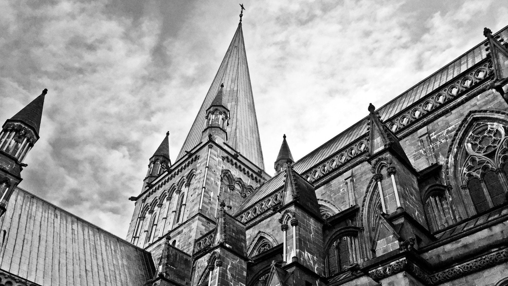 1080P, religion, architecture, building, no people, cloud - sky, place of worship, building exterior, trondheim norway church cathedral, ornate, low angle view, HD Wallpaper
