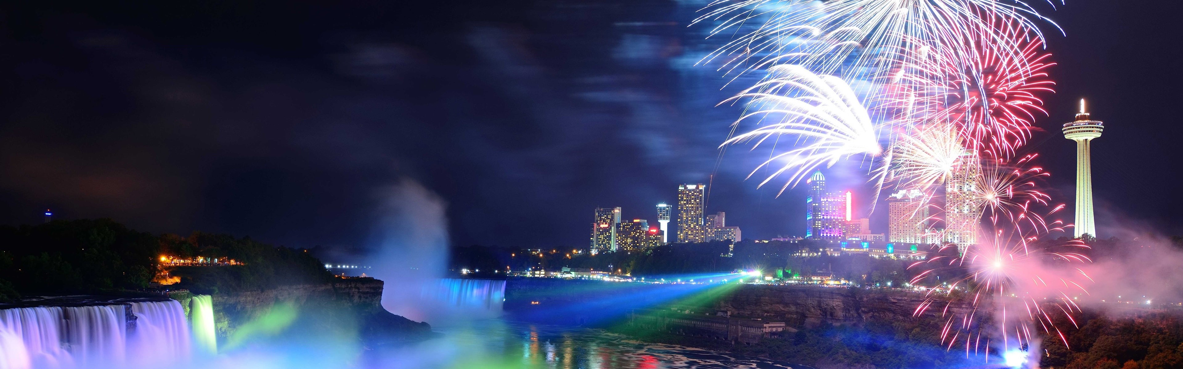 Waterfalls, City, Canada, Fireworks, Lights, 4K, Niagara, Falls, Night, HD Wallpaper