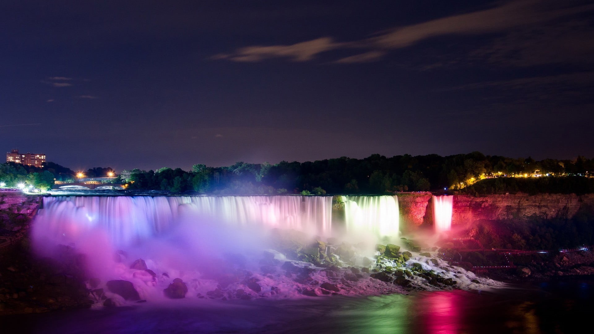 night, lake, waterfalls, 1080P, lights, outdoors, purple, flowing water, waterfront, Niagara Falls, illuminated, water, cloud - sky, tranquility, tranquil scene, HD Wallpaper
