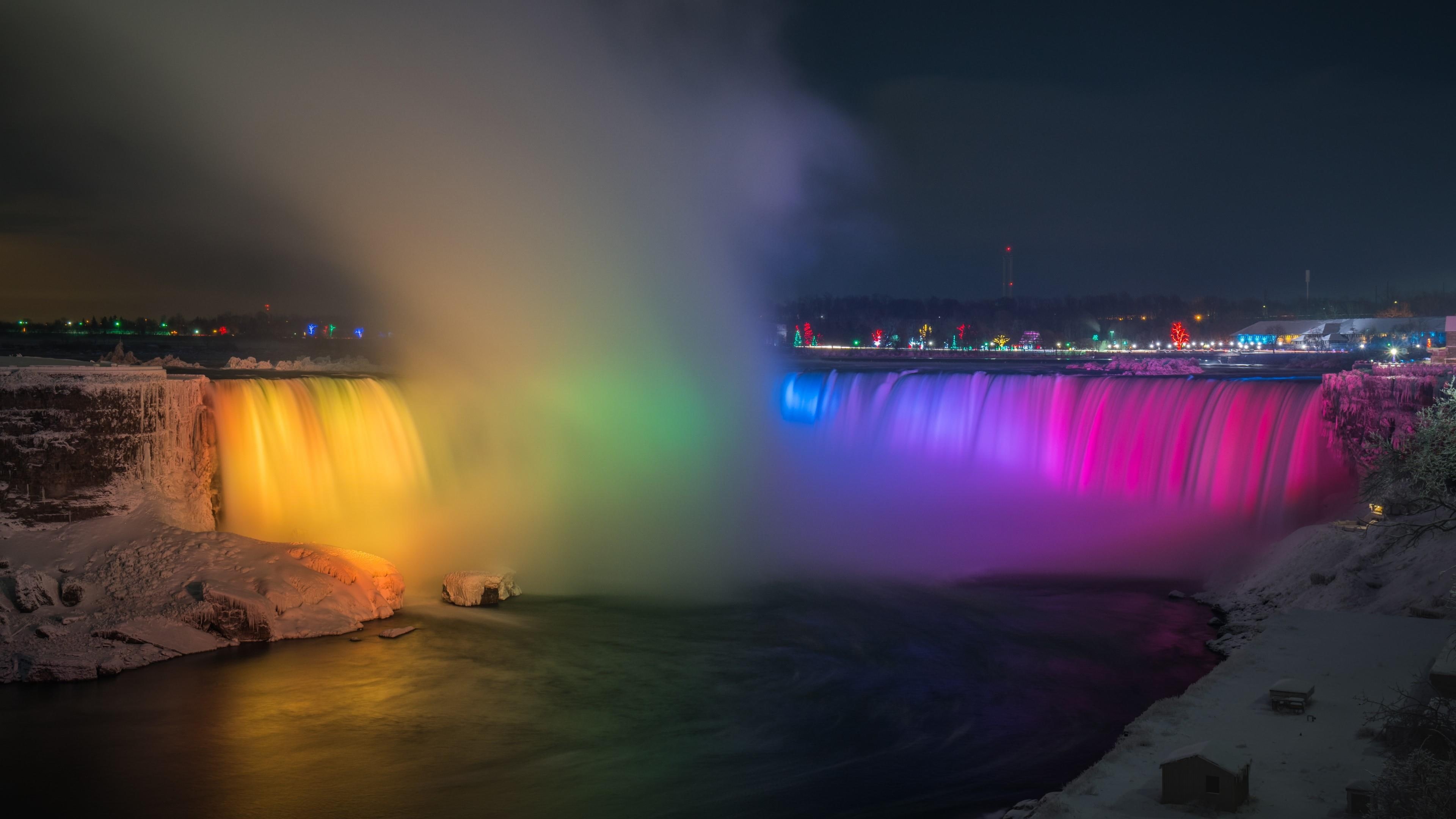 colors, river, sky, night, evening, illumination, niagara falls state park, light show, 4K, nightly illumination, water, darkness, waterfall, colorful, HD Wallpaper