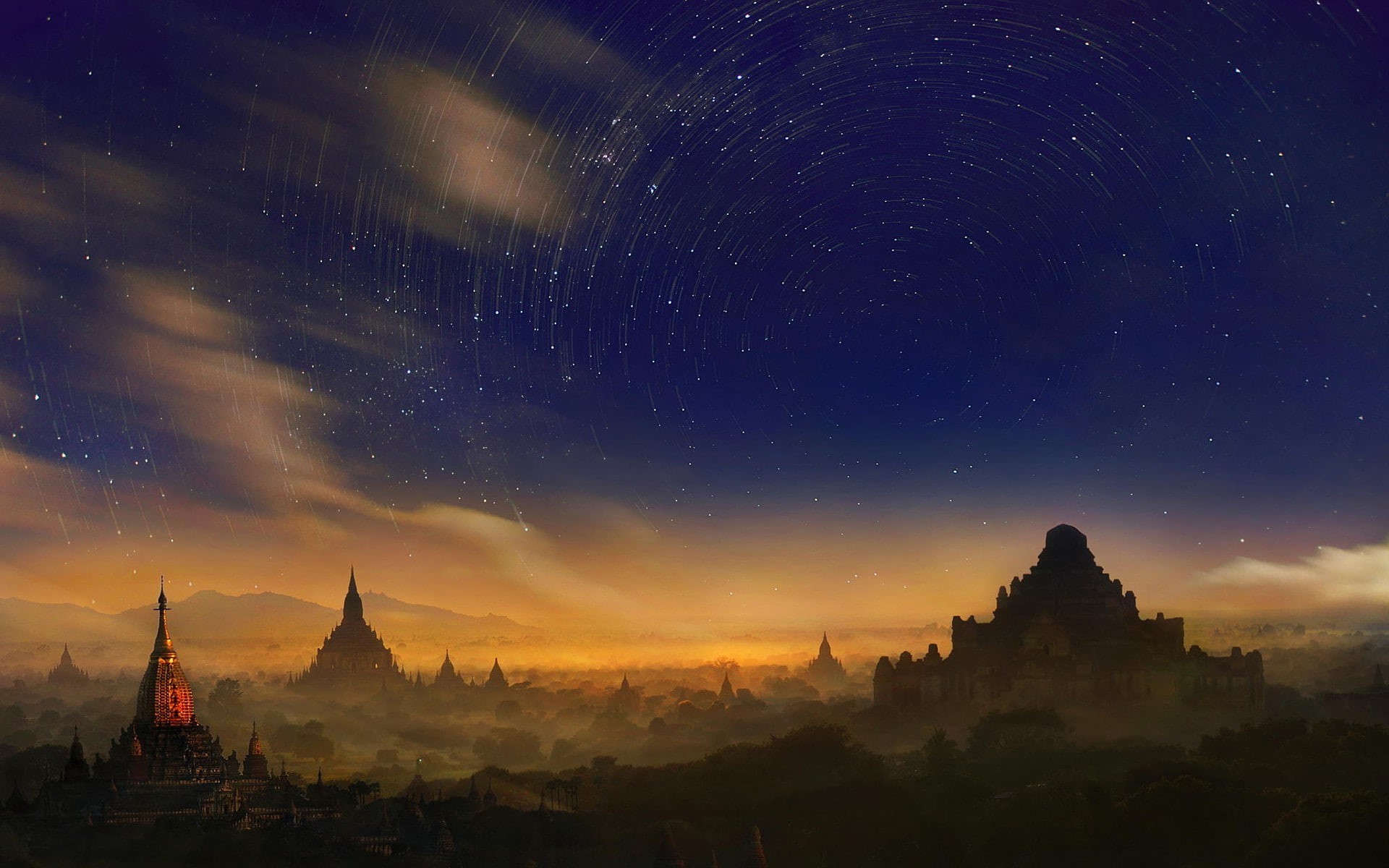 belief, star - space, space, Weerapong Chaipuck, Myanmar, nature, 1080P, night, outdoors, no people, history, Bagan, Long Exposure, place of worship, scenics - nature, HD Wallpaper