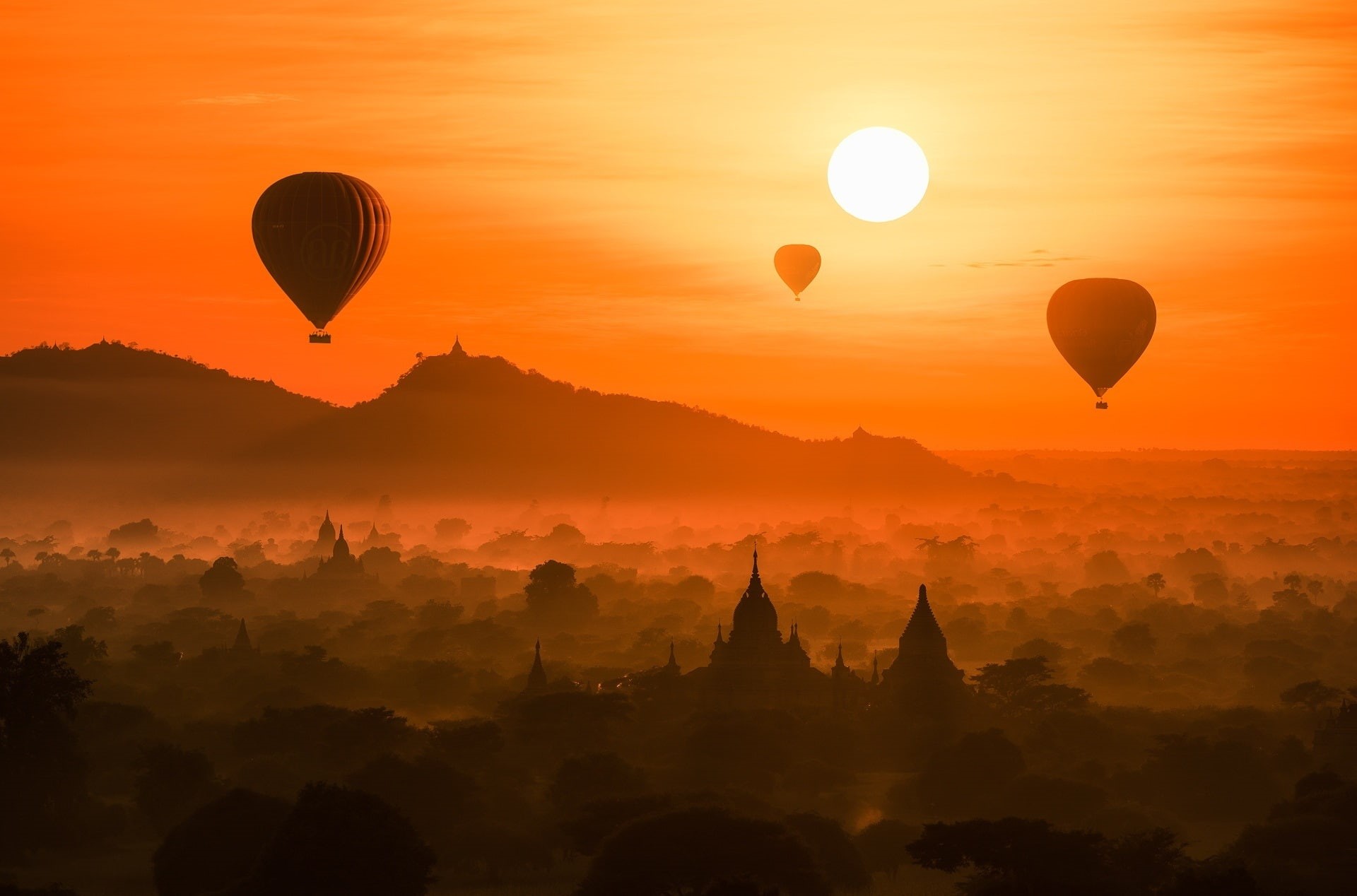 balloons, transportation, sunset, balloon, flight, built structure, building exterior, sky, temple, place of worship, no people, old, mid-air, forest, sun, HD Wallpaper