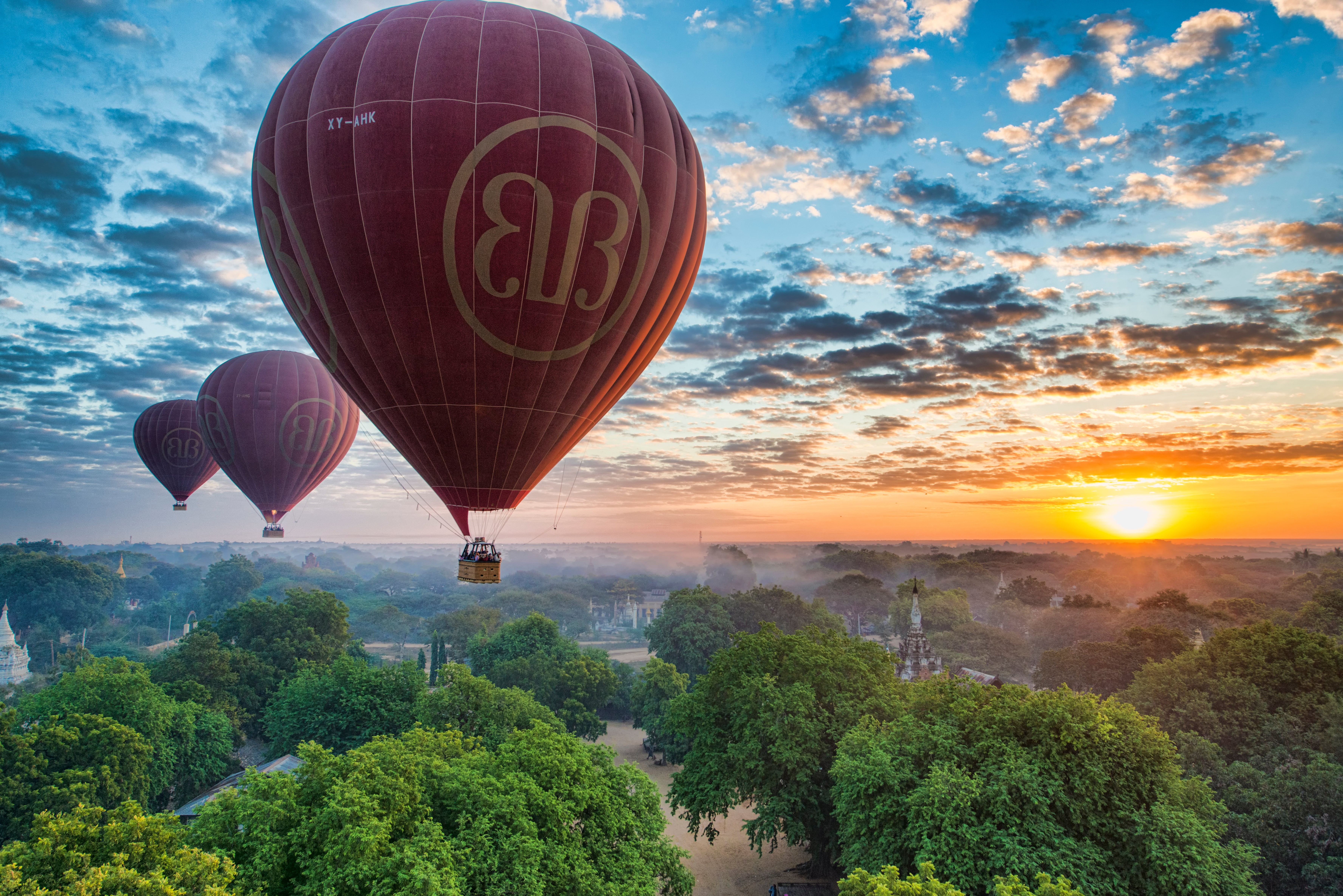 Bagan, air Vehicle, three, balloons, basket, air, hot, trees, heat - Temperature, hot Air Balloon, red, photographer, sky, transportation, floating, travel, HD Wallpaper
