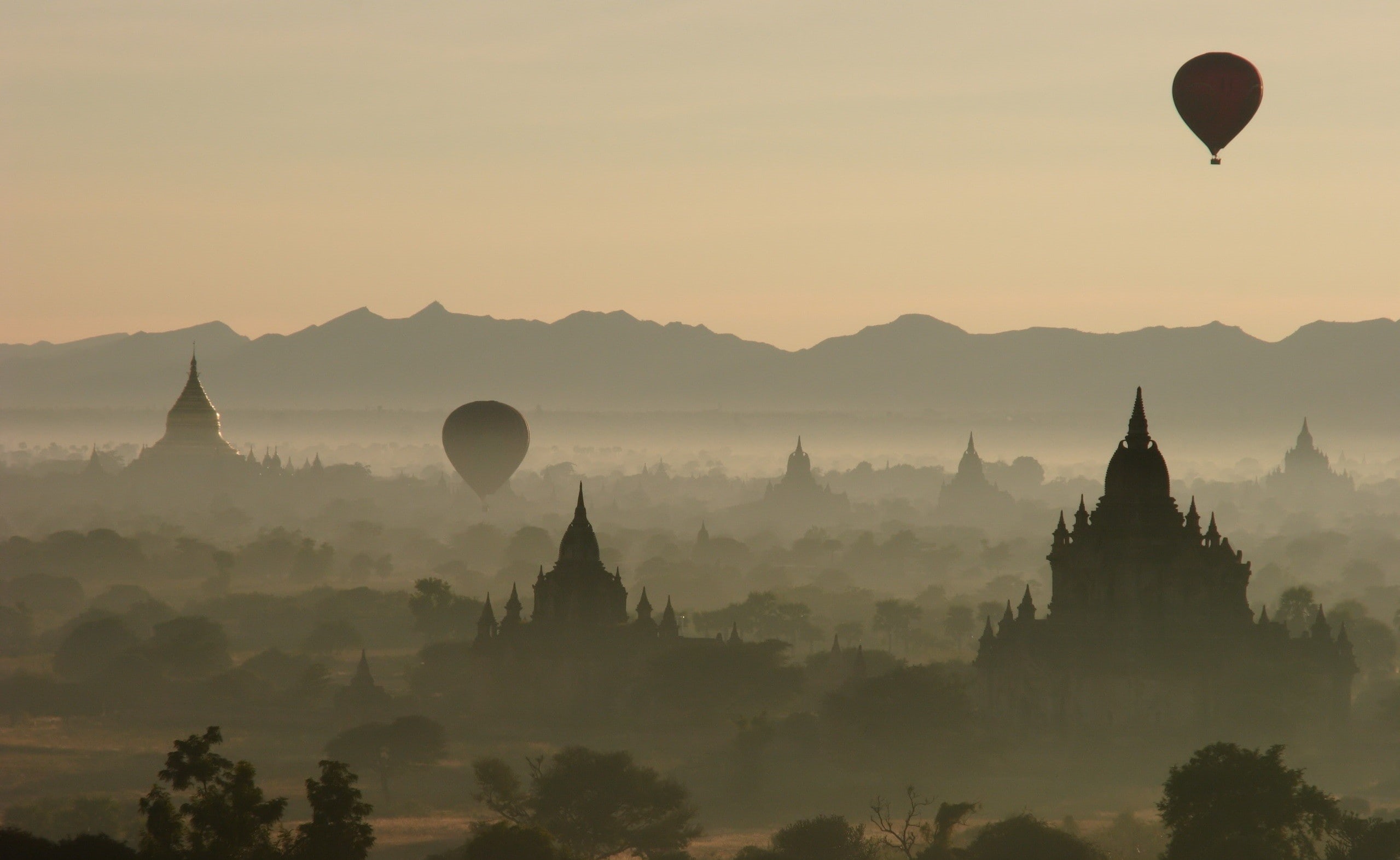 trees, mist, Bagan, temple, photography, nature, Myanmar, 1080P, plants, landscape, architecture, hot air balloons, HD Wallpaper