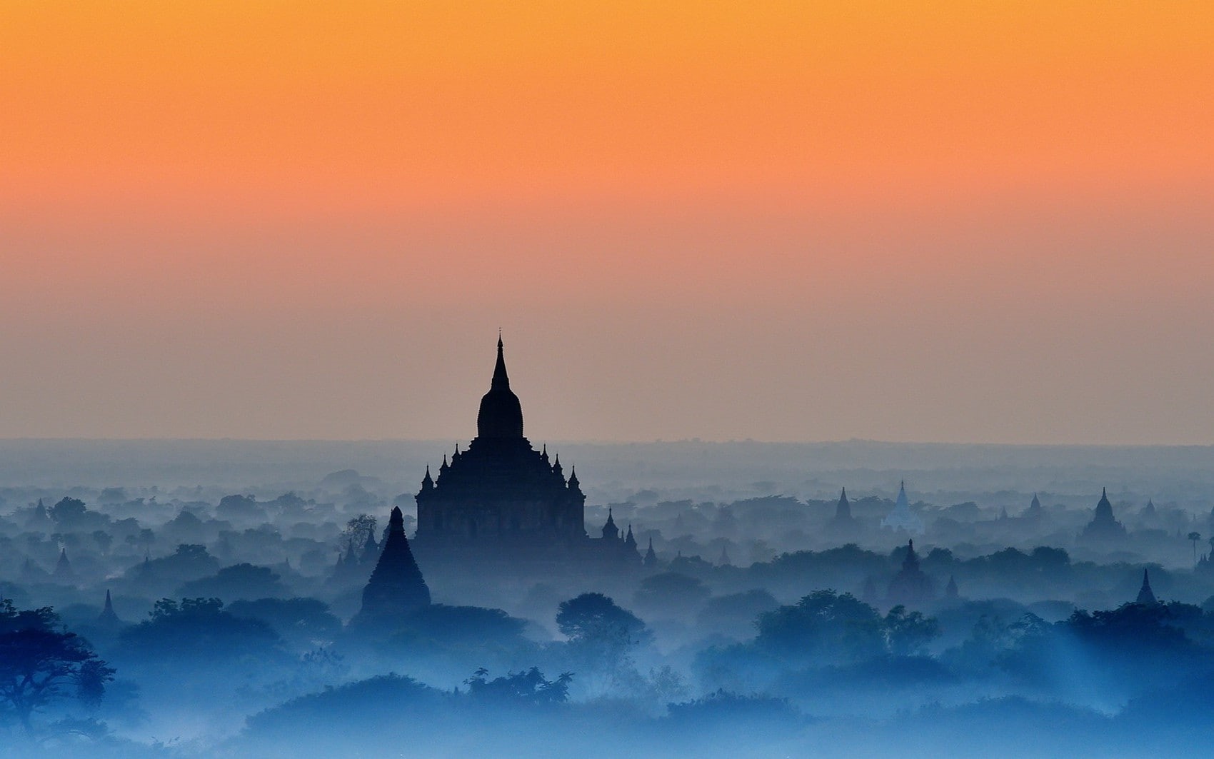 Buddhism, Trees, landscape, Amber, mist, Temple, blue, Bagan, sky, sunrise, 720P, Myanmar, nature, HD Wallpaper
