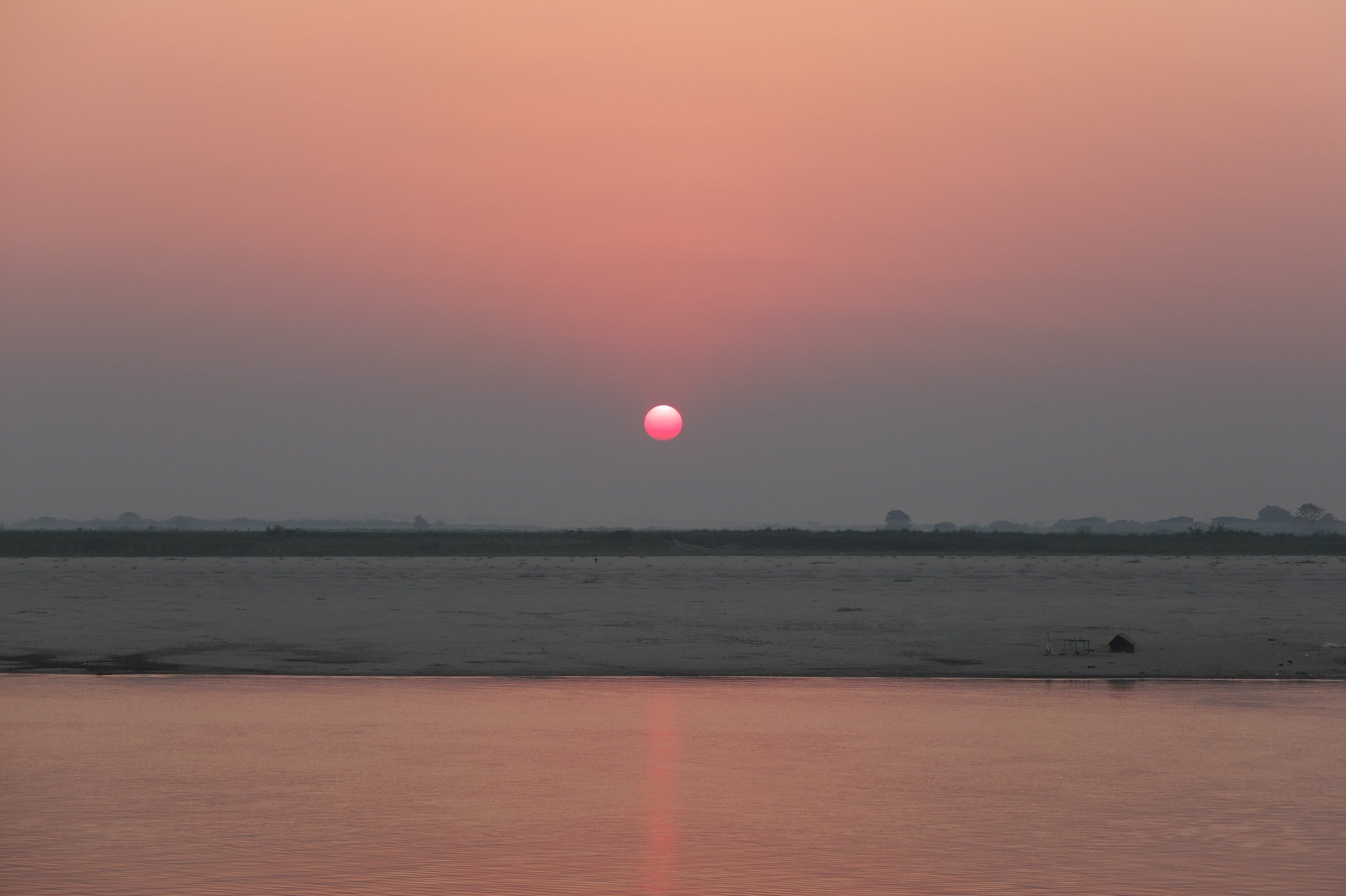 sunrise, horizon, irrawaddy, tranquility, sun, no people, horizon over water, sky, orange color, outdoors, waters, river, water, bagan, myanmar, tranquil scene, HD Wallpaper
