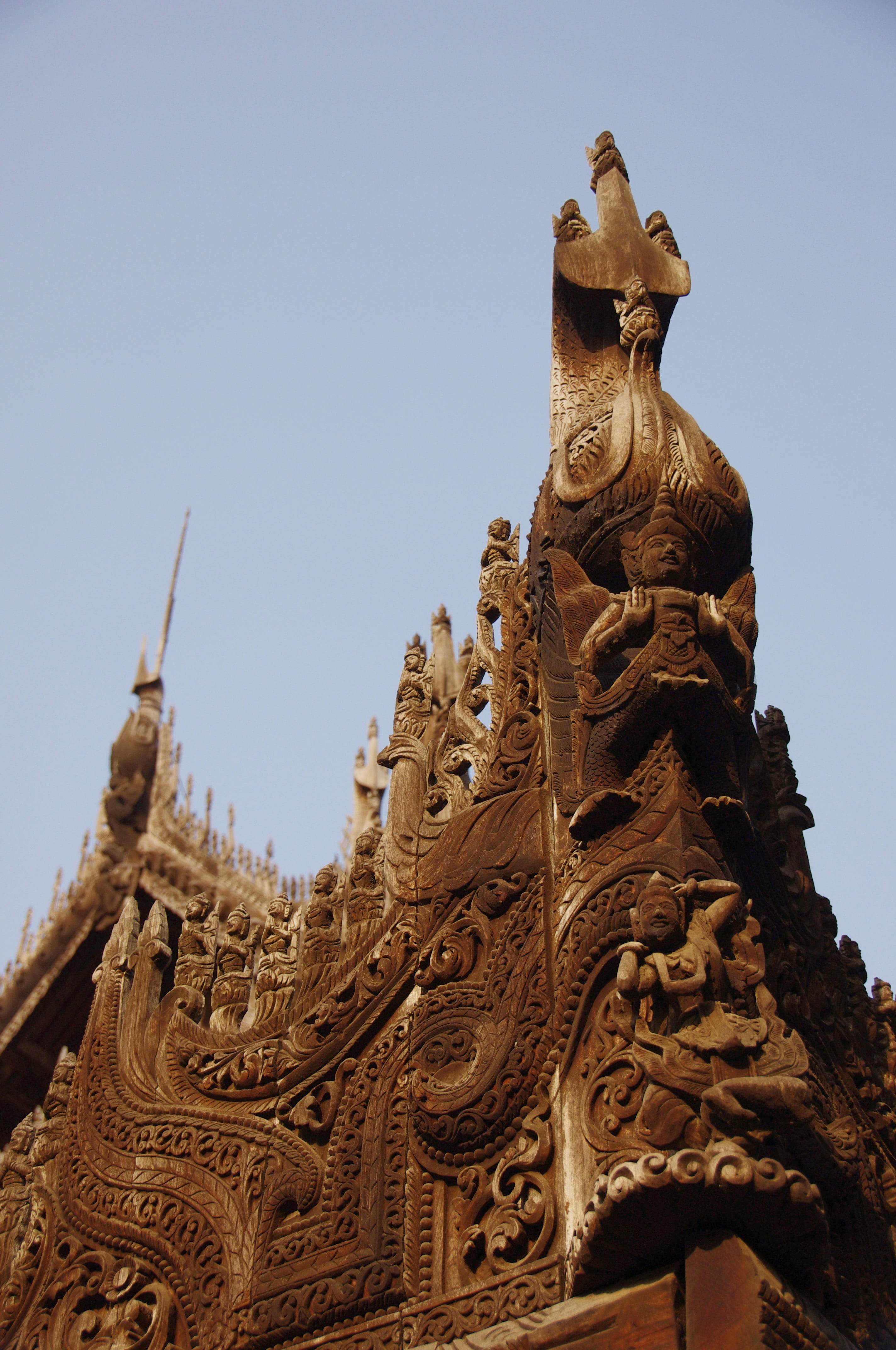 ornate, sculpture, statue, teak, sky, architecture, day, clear sky, carving, built structure, mandalay, 4K, place of worship, art and craft, building, Phone HD Wallpaper