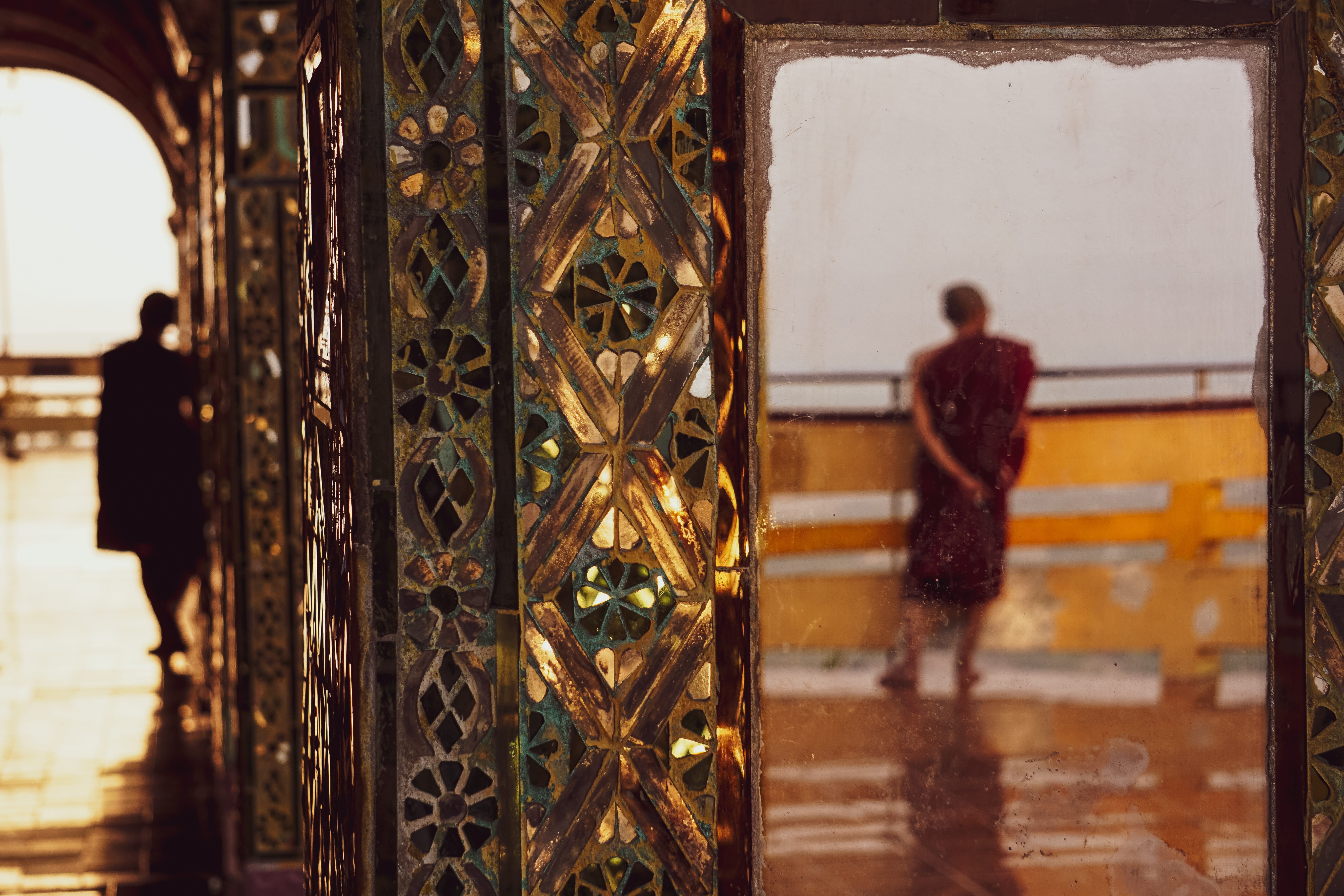 standing, men, floral pattern, lifestyles, entrance, pattern, building, leisure activity, real people, rear view, ornate, 5K, one person, myanmar (burma), HD Wallpaper