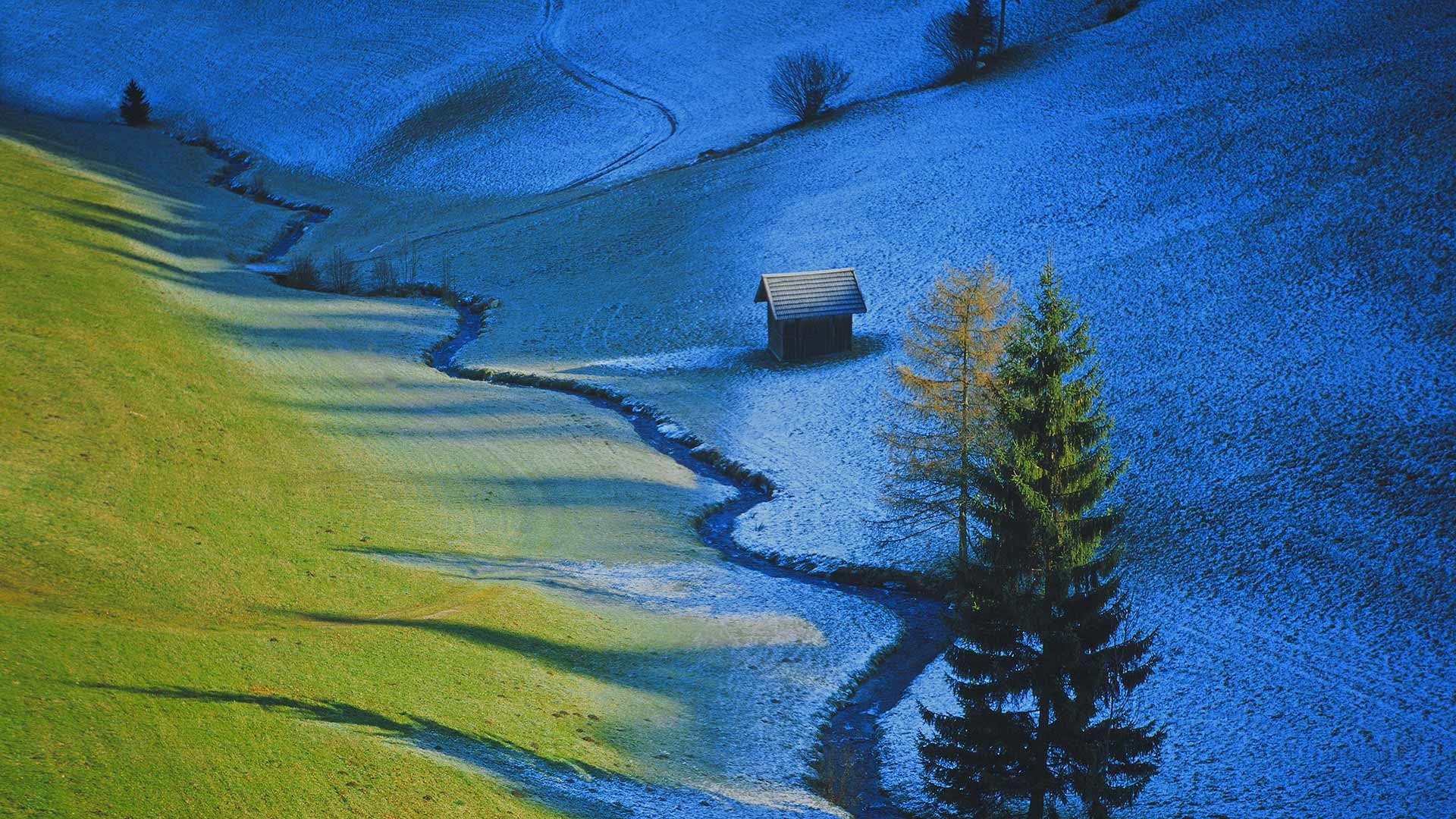 tranquility, built structure, 1080P, Tyrol, tranquil scene, stream, day, green color, environment, tree, nature, painting, grass, Austria, water, dirt road, HD Wallpaper
