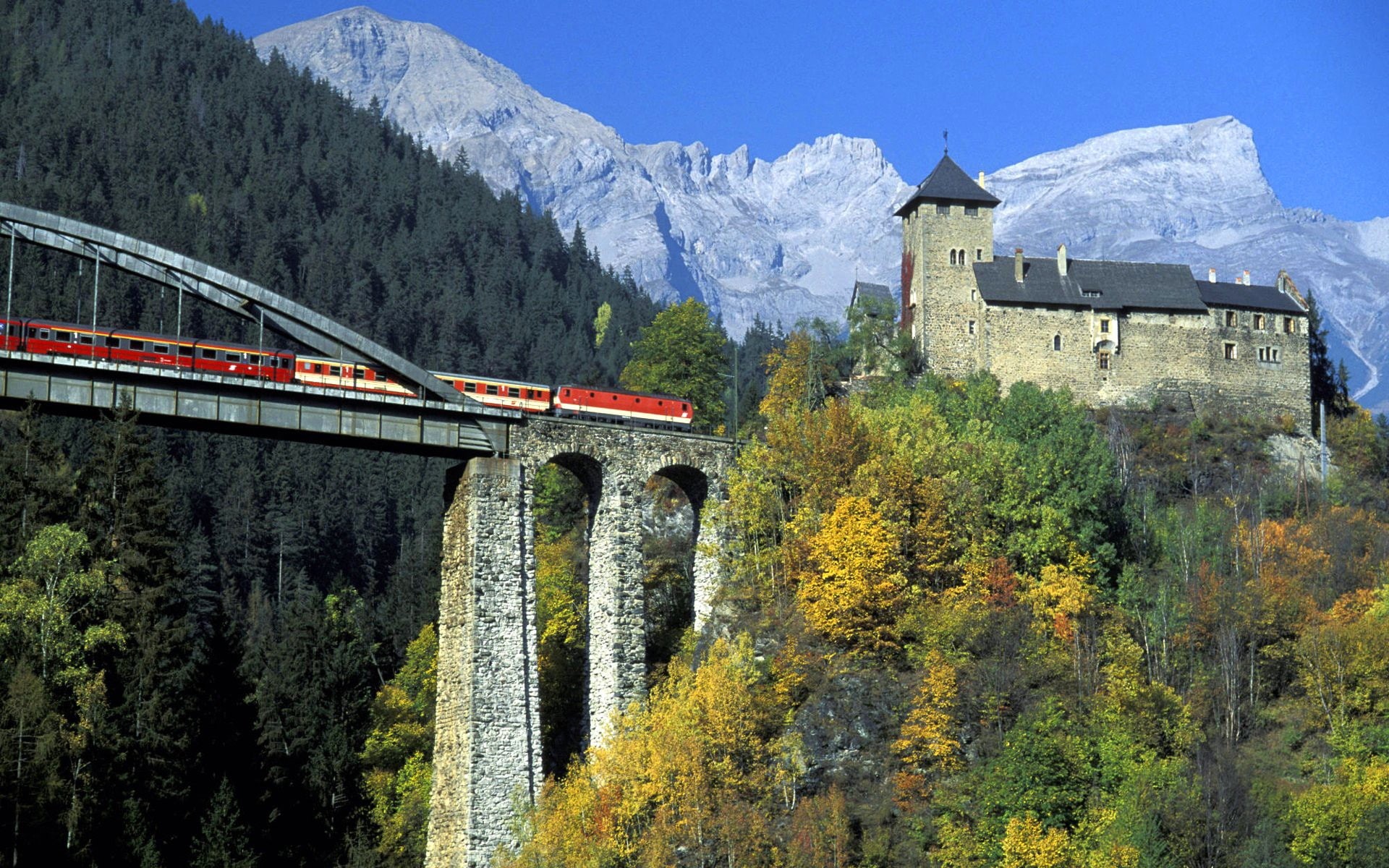 bridge, landscape, Tyrol, Austria, castle, train, nature, 1080P, HD Wallpaper