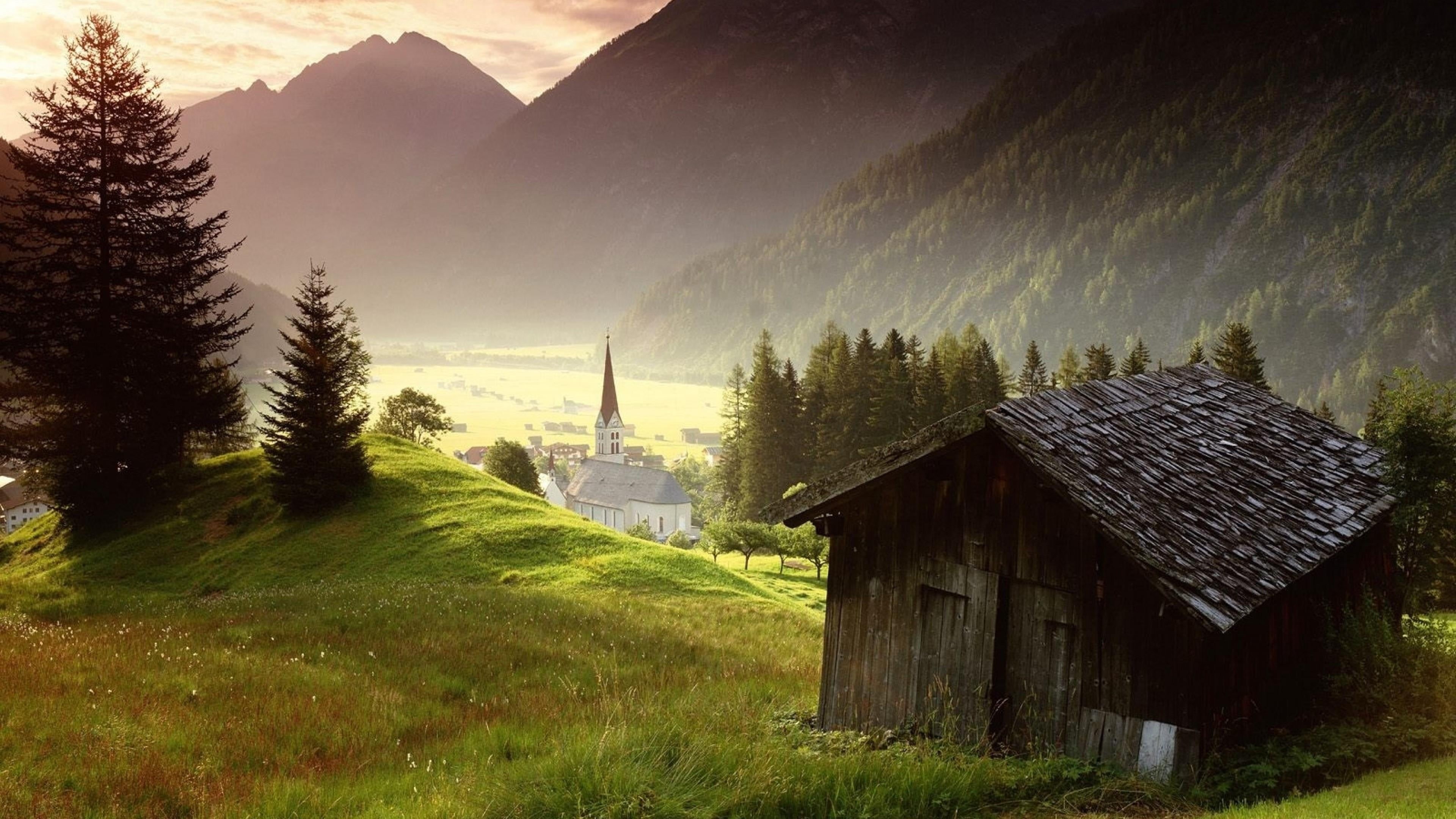 shanty, shack, building exterior, scenics - nature, sky, land, environment, tranquility, outdoors, tyrol, 4K, mountain, landscape, church, cottage, hut, HD Wallpaper