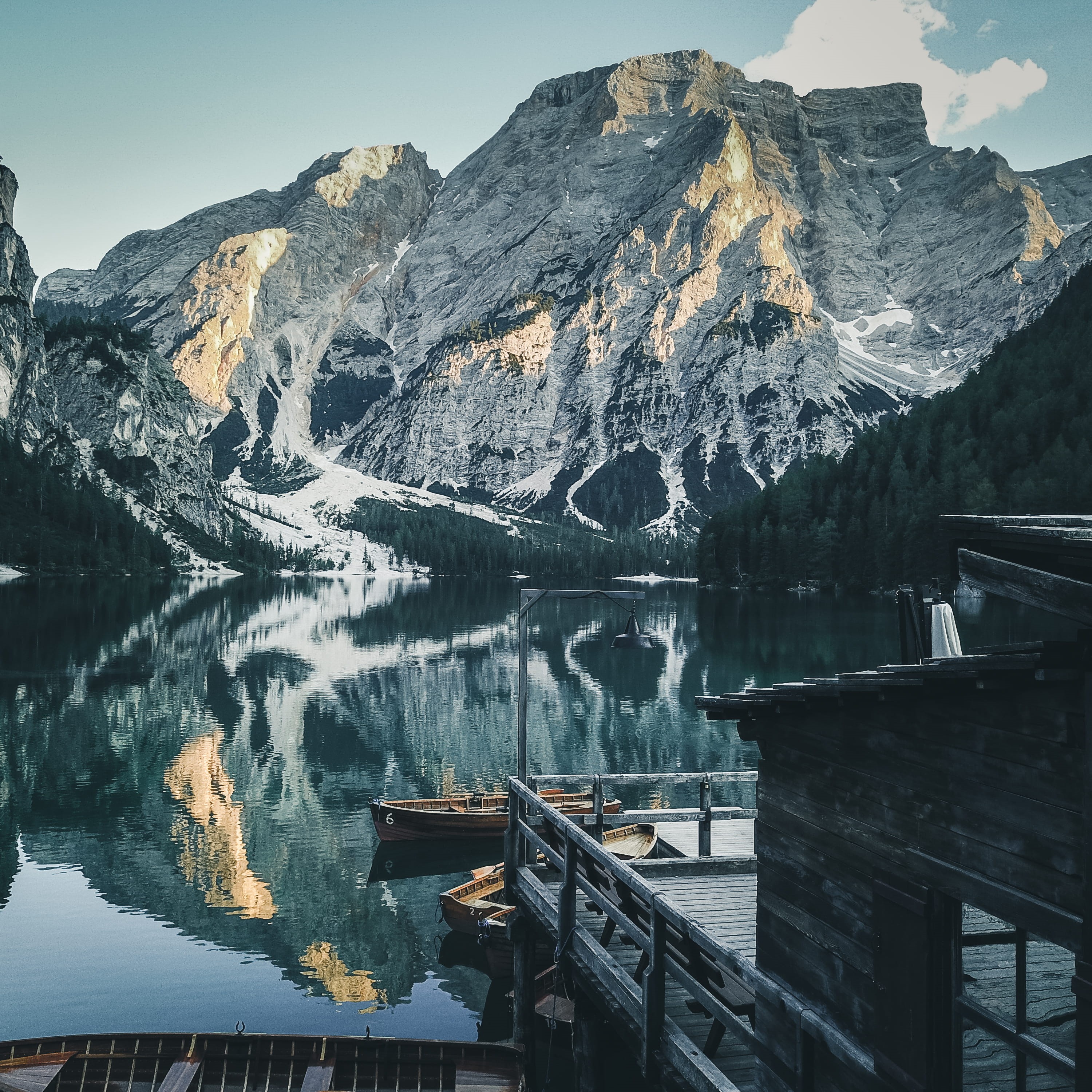 tranquil scene, idyllic, italy, nautical vessel, snowcapped mountain, day, tranquility, lake, beauty in nature, mountain range, pragser, transportation, Phone HD Wallpaper