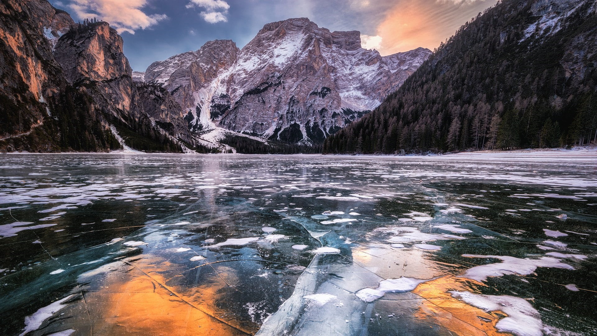 tree, frozen, no people, mountain peak, lake braies, frozen lake, idyllic, italy, reflection, cold temperature, pragser wildsee, snow, nature, mountain, HD Wallpaper