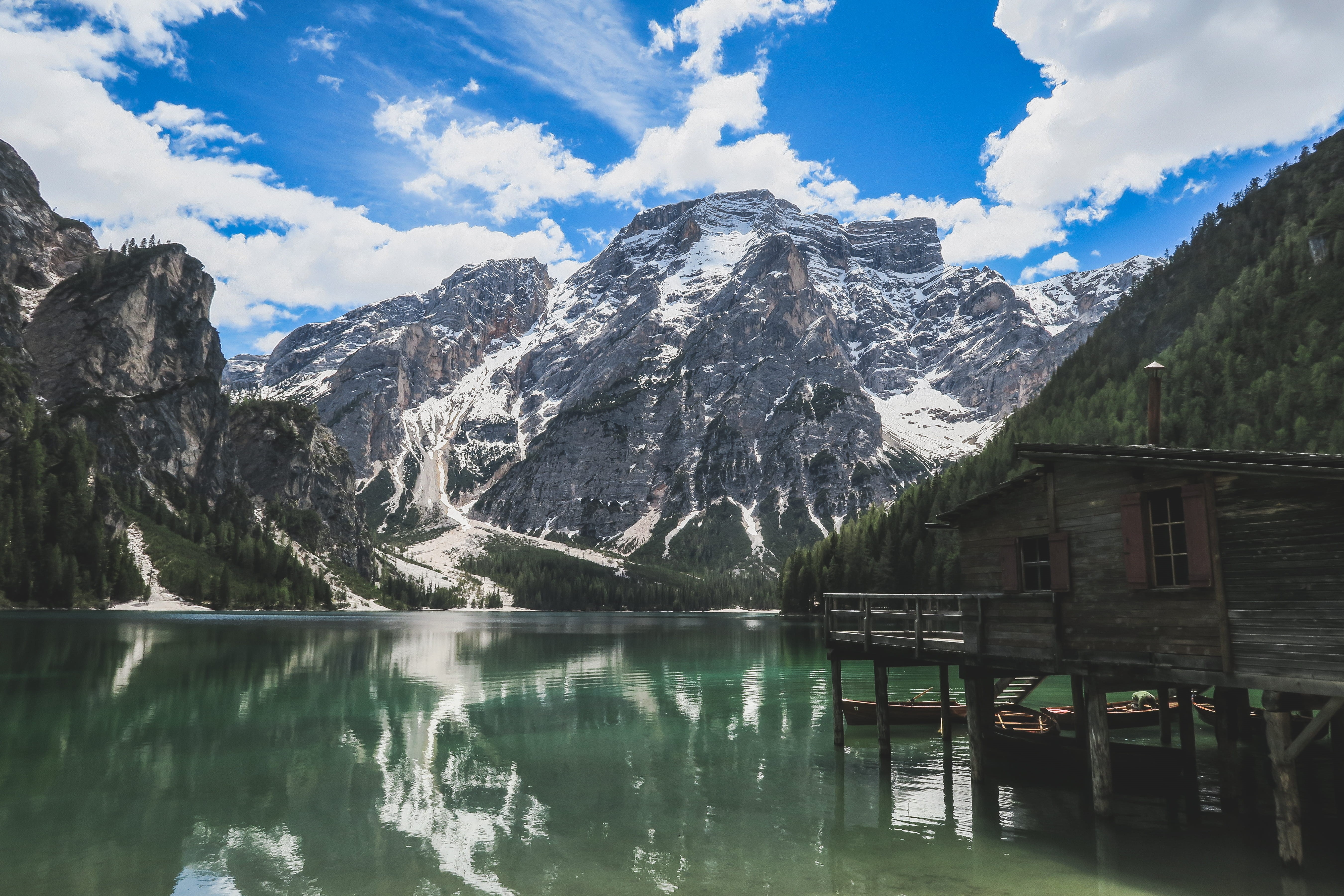 5K, snowcapped mountain, lake, building exterior, mountain peak, pragser wildsee, cold temperature, architecture, tranquil scene, beauty in nature, sky, HD Wallpaper