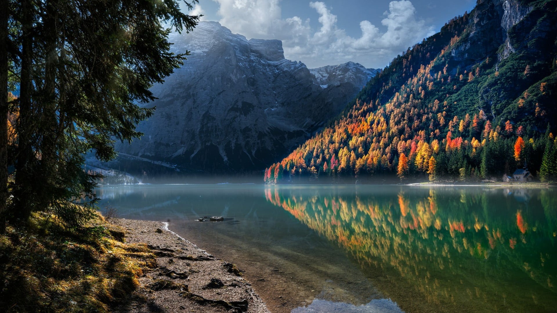 mountain, dolomites, plant, lake, tree, prags valley, wilderness, nature, prags, water, mountain range, south tyrol, mountain lake, bank, 1080P, valley, HD Wallpaper