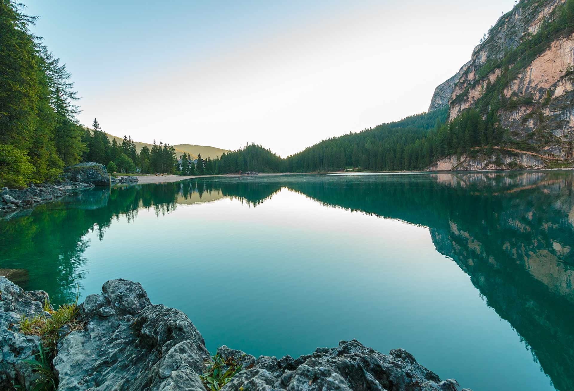 no people, mountain, landscape, tree, tranquil scene, 1080P, clear sky, pragser wildsee, reflection, mountain lake, body, rock - object, south tyrol, forest, HD Wallpaper