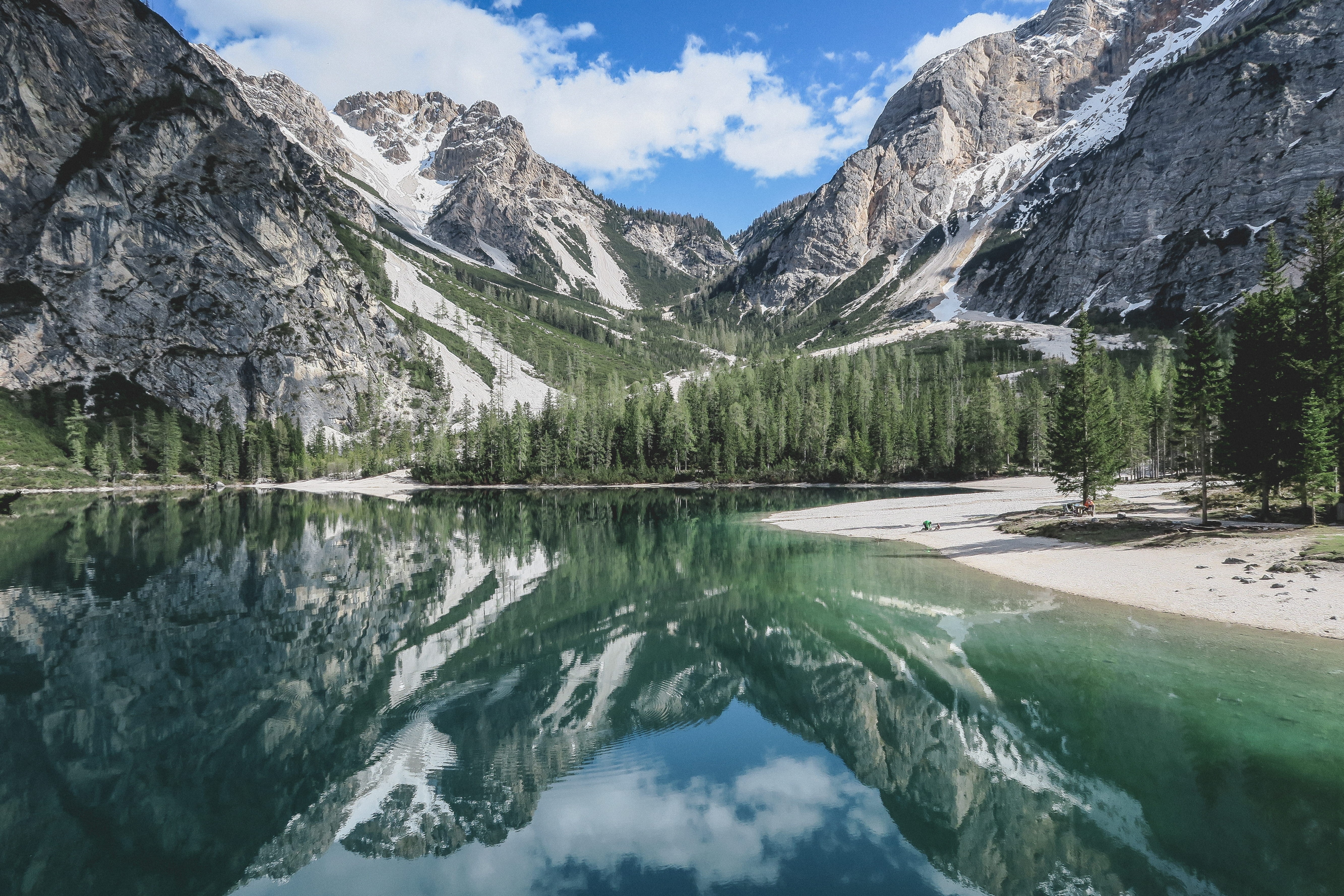 travel, 5K, formation, no people, tree, mountain range, green, reflection, dolomites, trees, mountain, italy, sky, outdoors, tranquility, traveling, mountains, HD Wallpaper