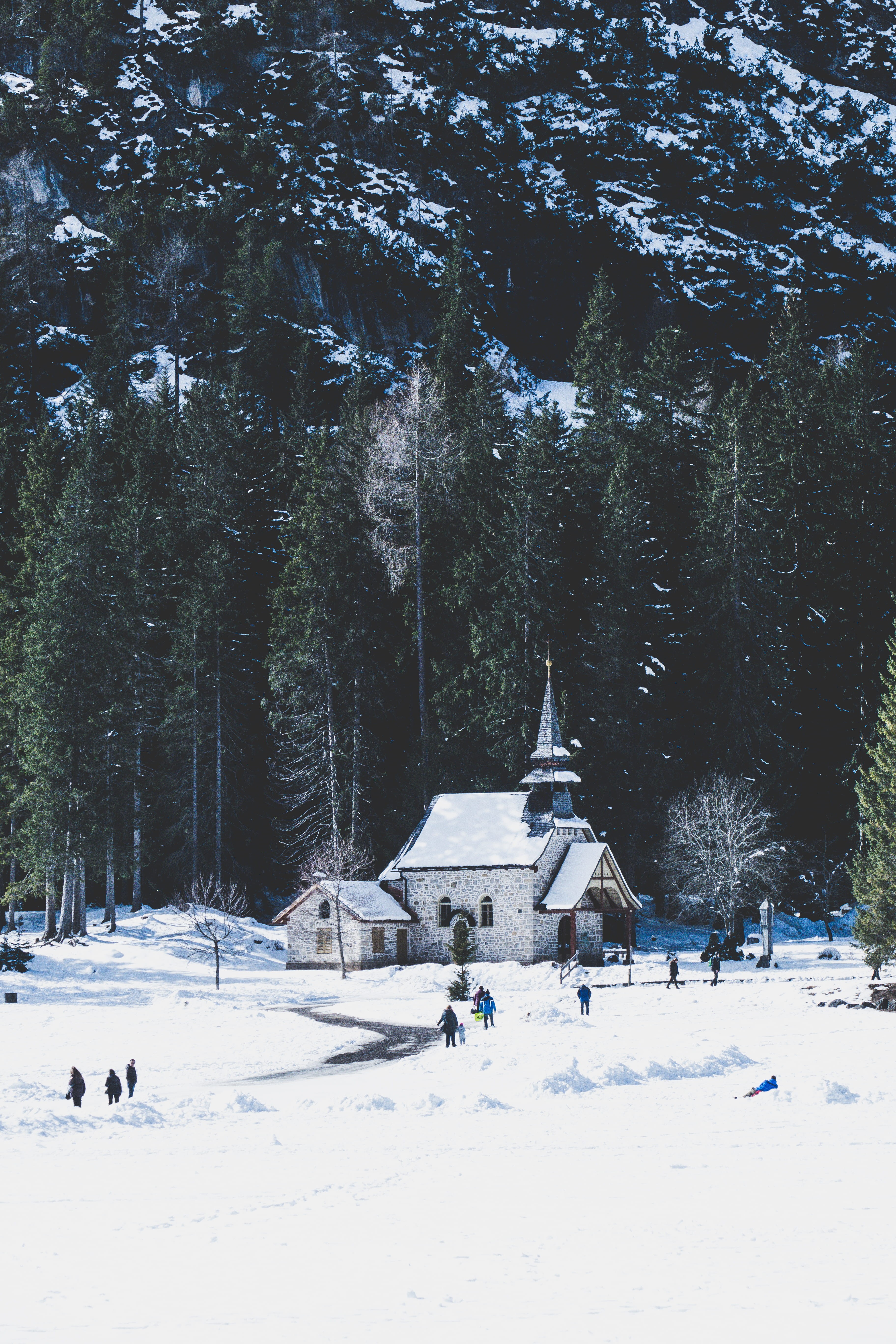 travel, 5K, pragser wildsee, plant, environment, frozen lake, ice, land, tree, covering, built structure, no people, architecture, church, nature, lake, Phone HD Wallpaper