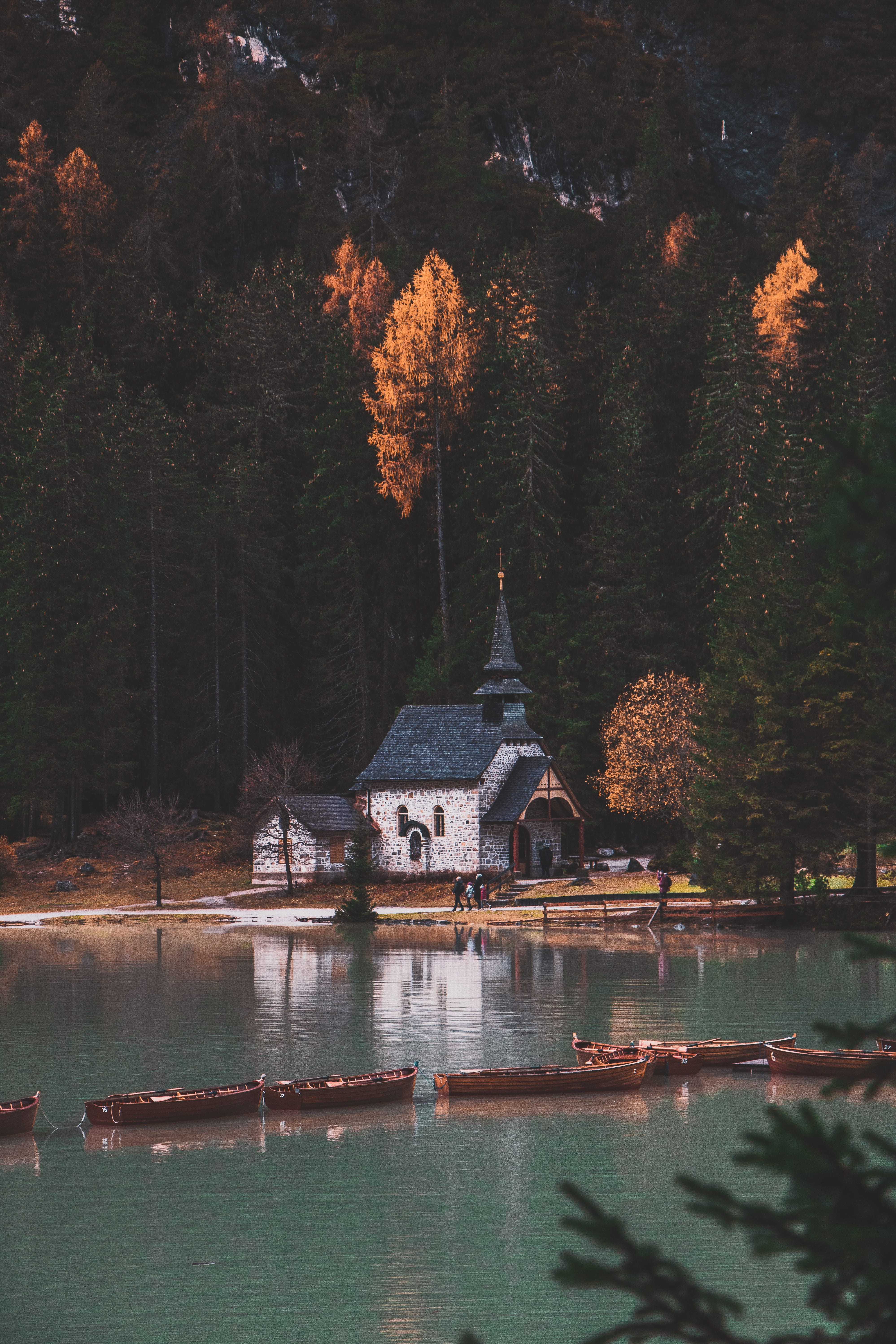 building exterior, fir, black, human, housing, outdoors, reflection, person, belief, place of worship, plant, waterfront, water, painting, 5K, autumn, Phone HD Wallpaper