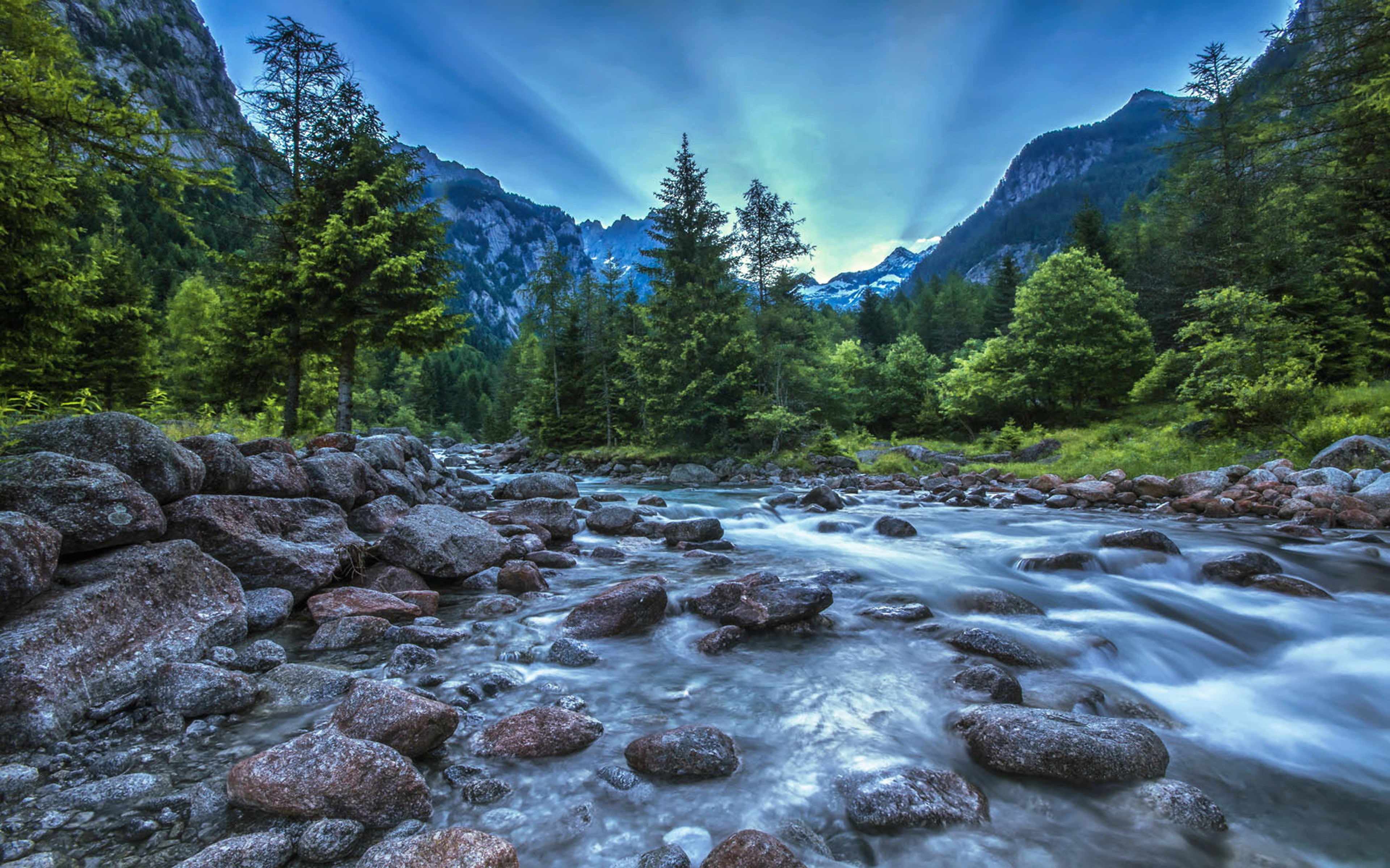 flowing water, motion, rock - object, mountain range, pine woodland, flowing, blurred motion, landscapes, province, beauty in nature, power in nature, masino, HD Wallpaper