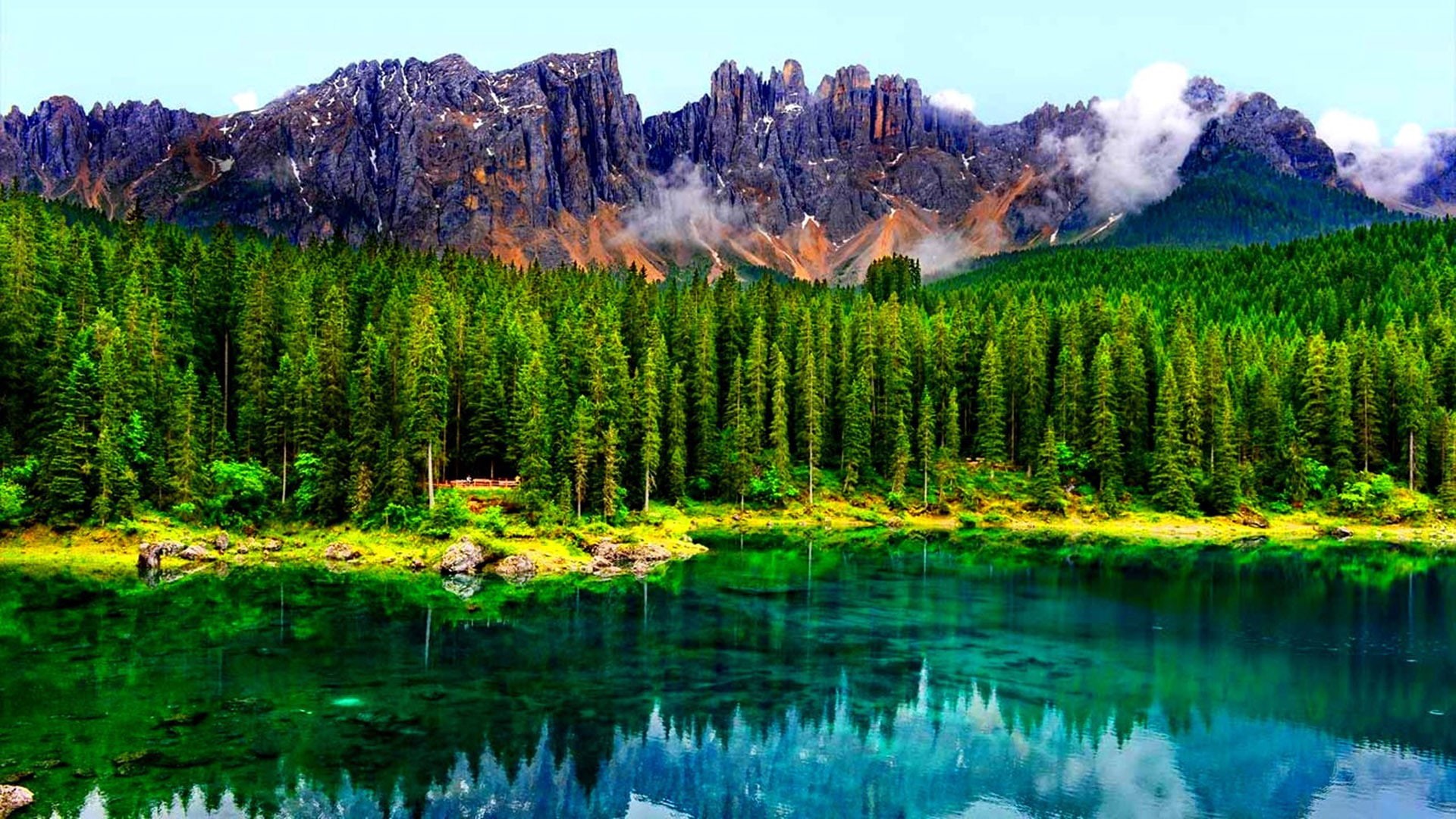 lake, karersee, rocky, trees, welschnofen, 1080P, landscape, dolomites, pine, peaks, mountain, south, municipality, tyrol, italy, forest, HD Wallpaper