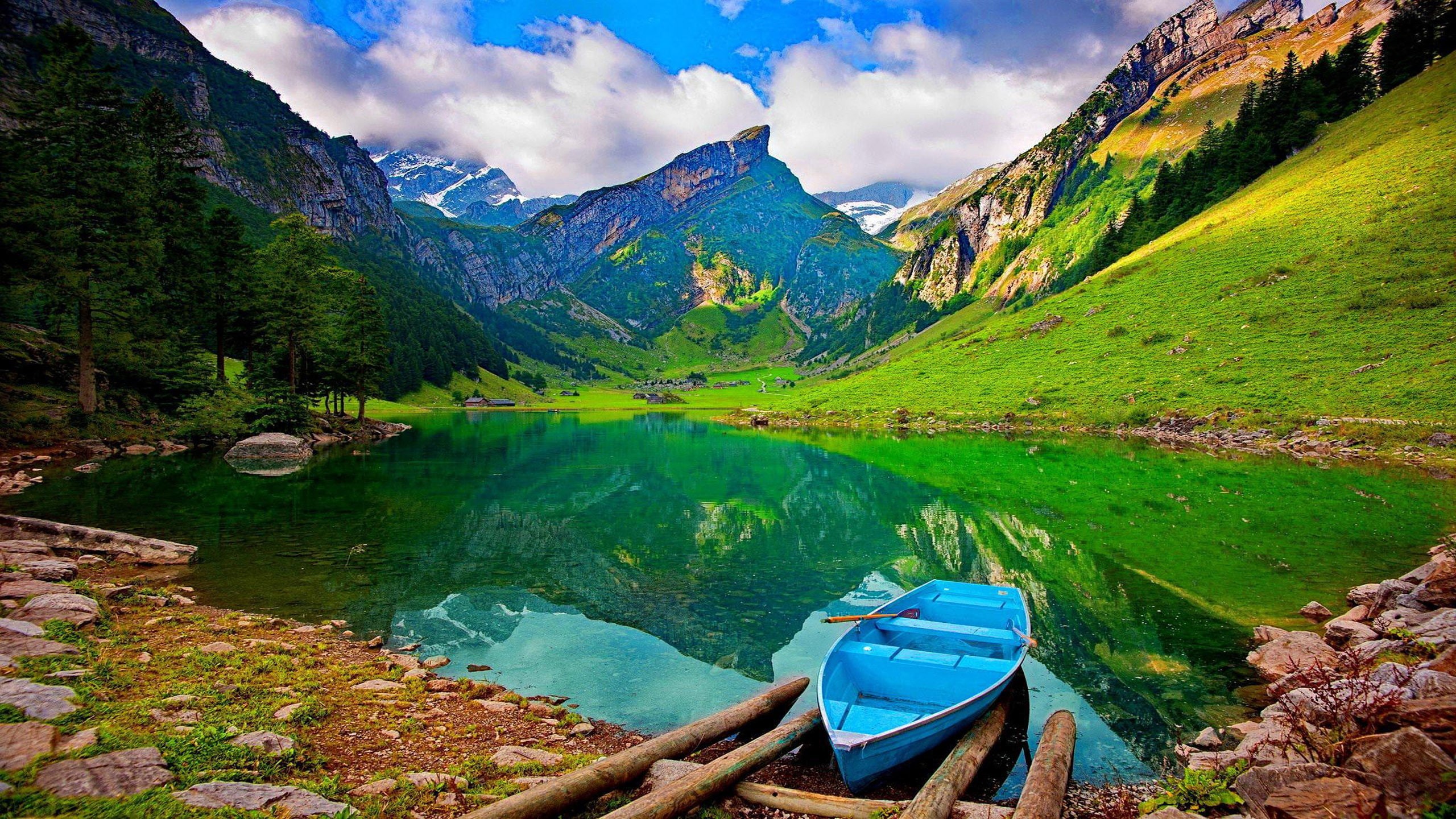 canton, boat, green, lake, innerrhoden, 2K, appenzell, mountains, vegetation, switzerland, landscape, range, seealpsee, alpstein, HD Wallpaper