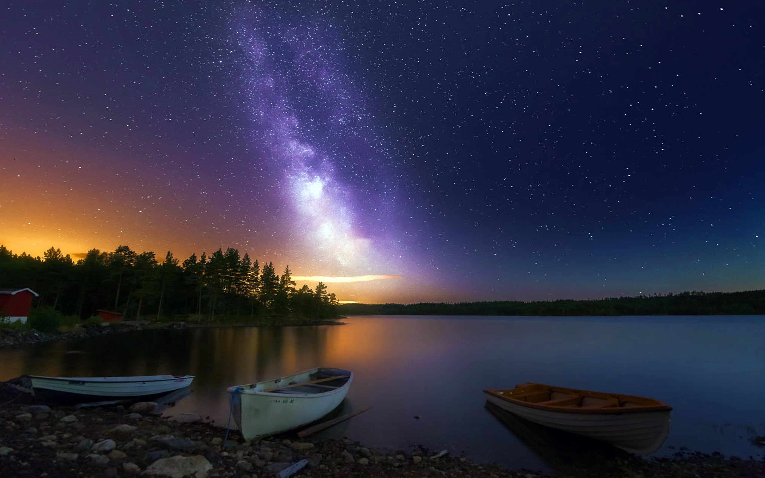 house, stars, lake, wooden, peaceful, forest, 2K, sky, boats, night, HD Wallpaper