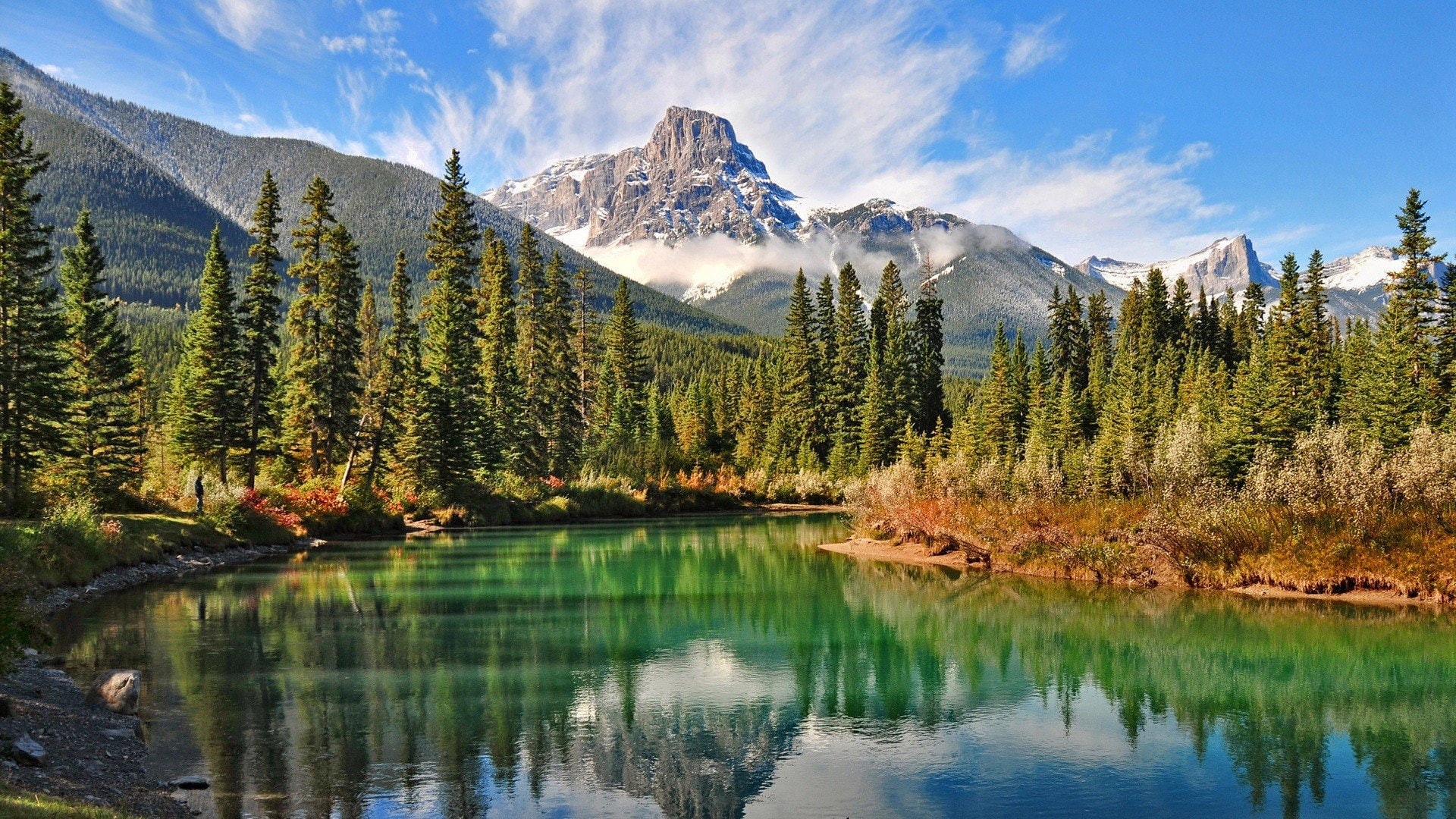 mountain, northern, trees, reflection, snow, river, landscape, forest, peak, colorado, pine, water, 1080P, rocky, HD Wallpaper