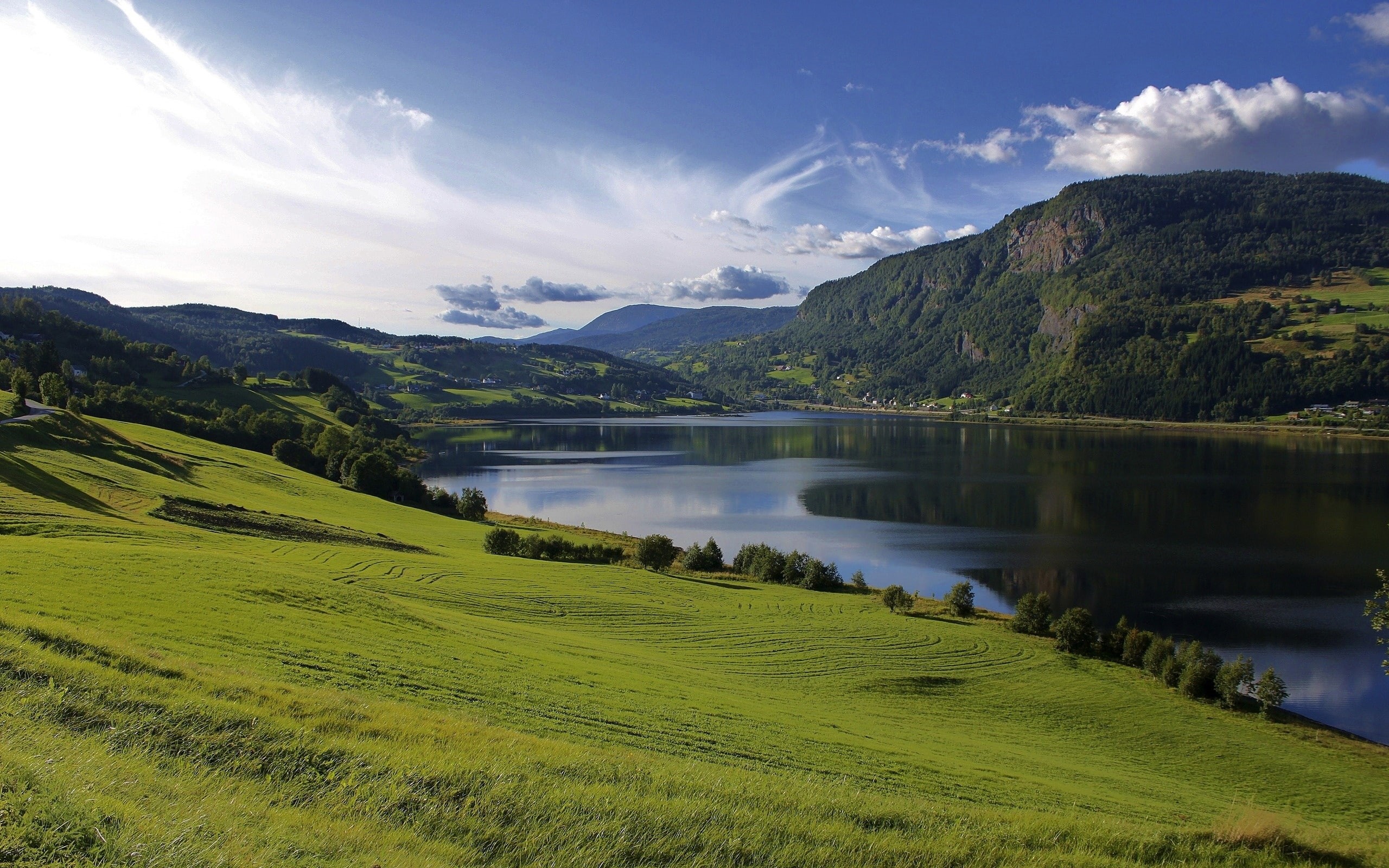 green, Grass, Fields, Hills, Mountains, Summer, field, Water, Lake, Greenery, 2K, Clouds, HD Wallpaper